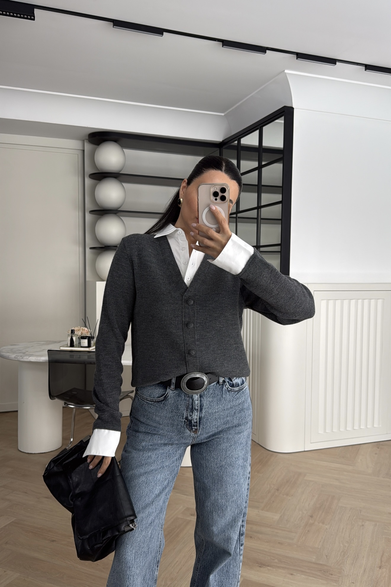 GÖMLEK DETAYLI TRİKO KAZAK GRİ