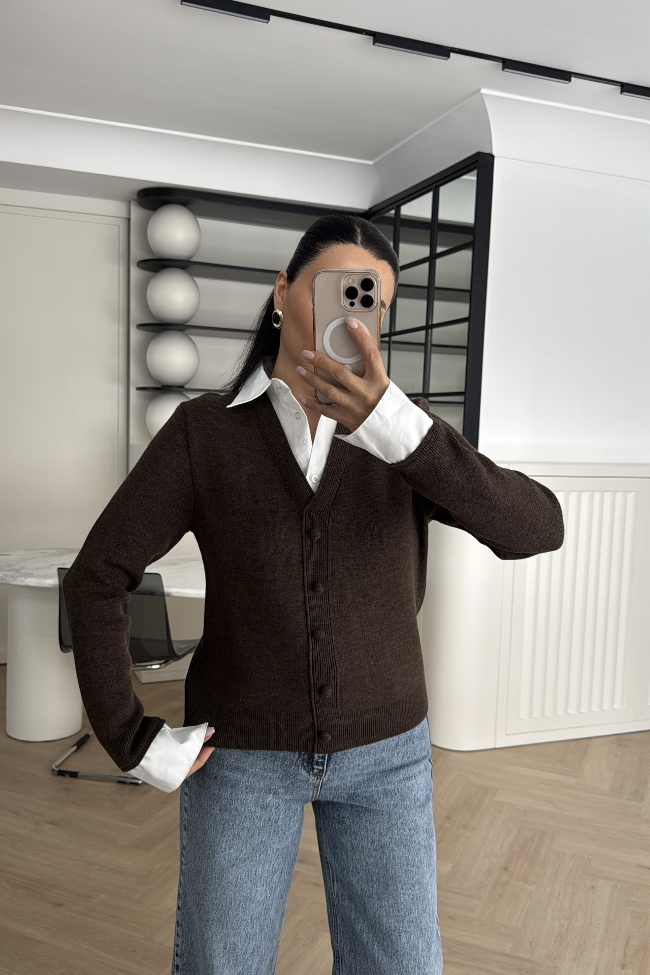 GÖMLEK DETAYLI TRİKO KAZAK KAHVE