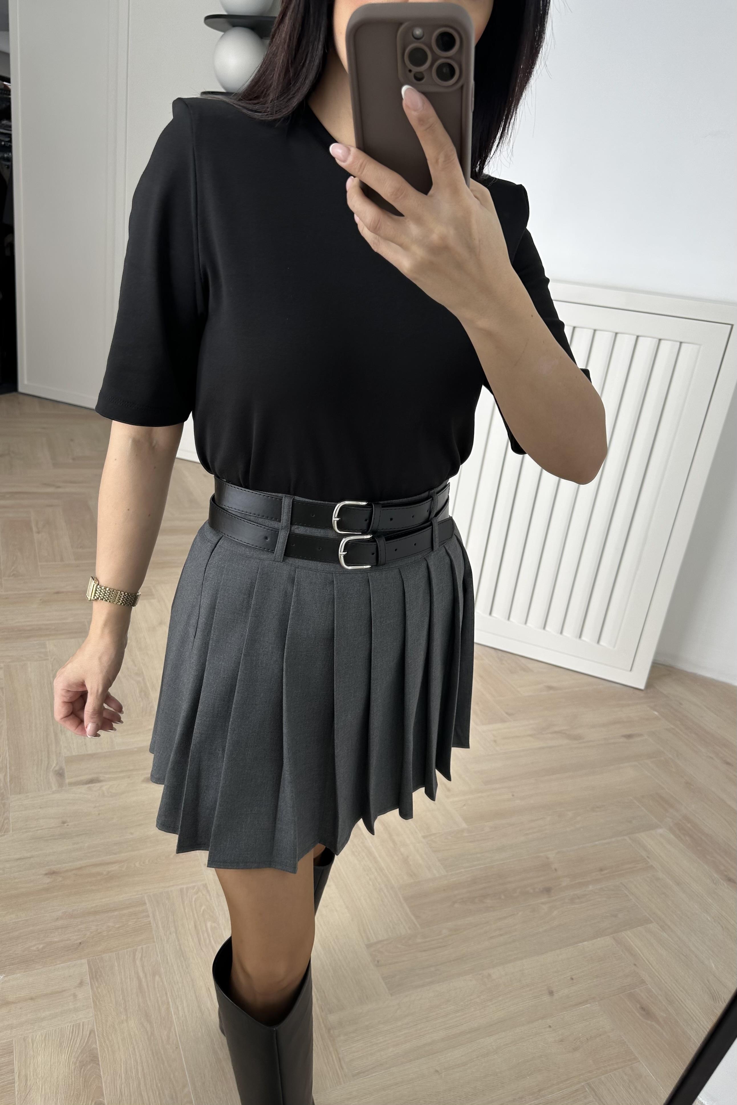 Gri Çift Kemerli Pileli Etek 