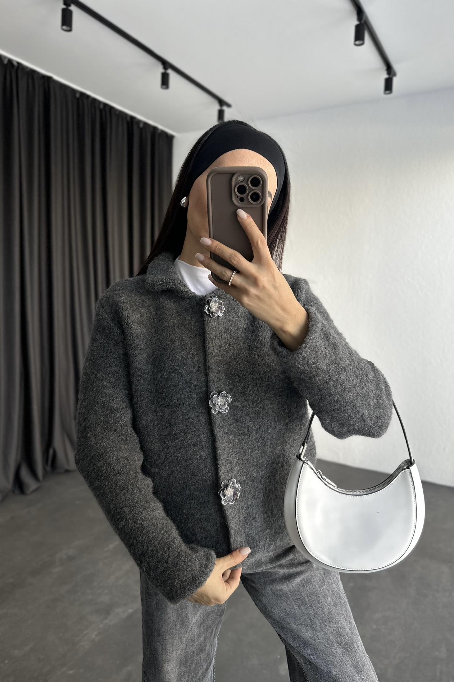 Gri Dilvin Çiçekli Premium Zr Model Hırka