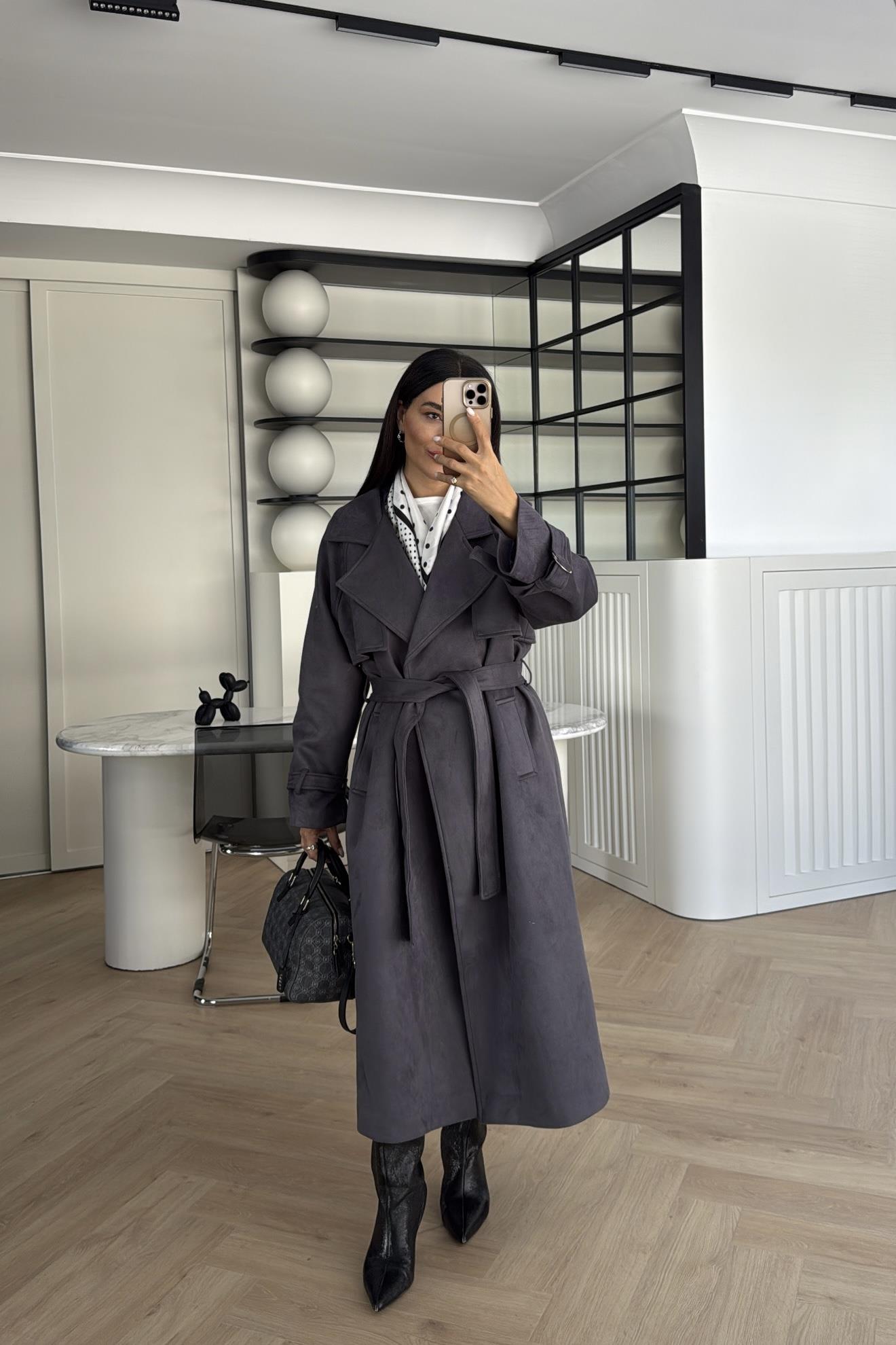 GRİ KUŞAKLI SÜET TRENÇKOT