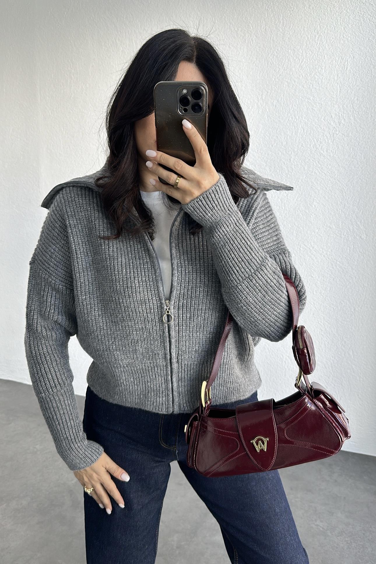 Gri Şal Yaka Fermuarlı Hırka