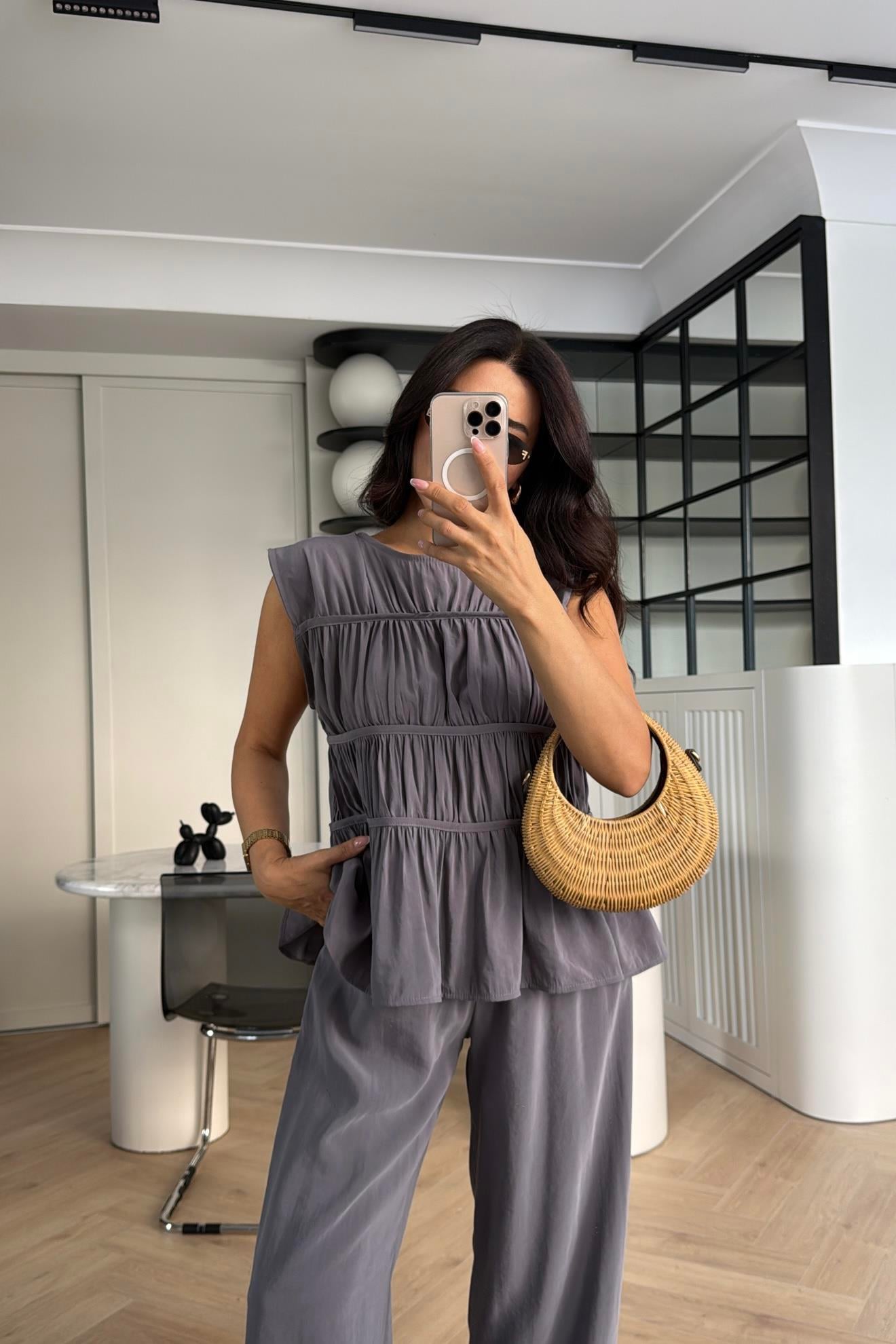 GRİ TENSEL KUMAŞ BLUZ PANTOLON TAKIM