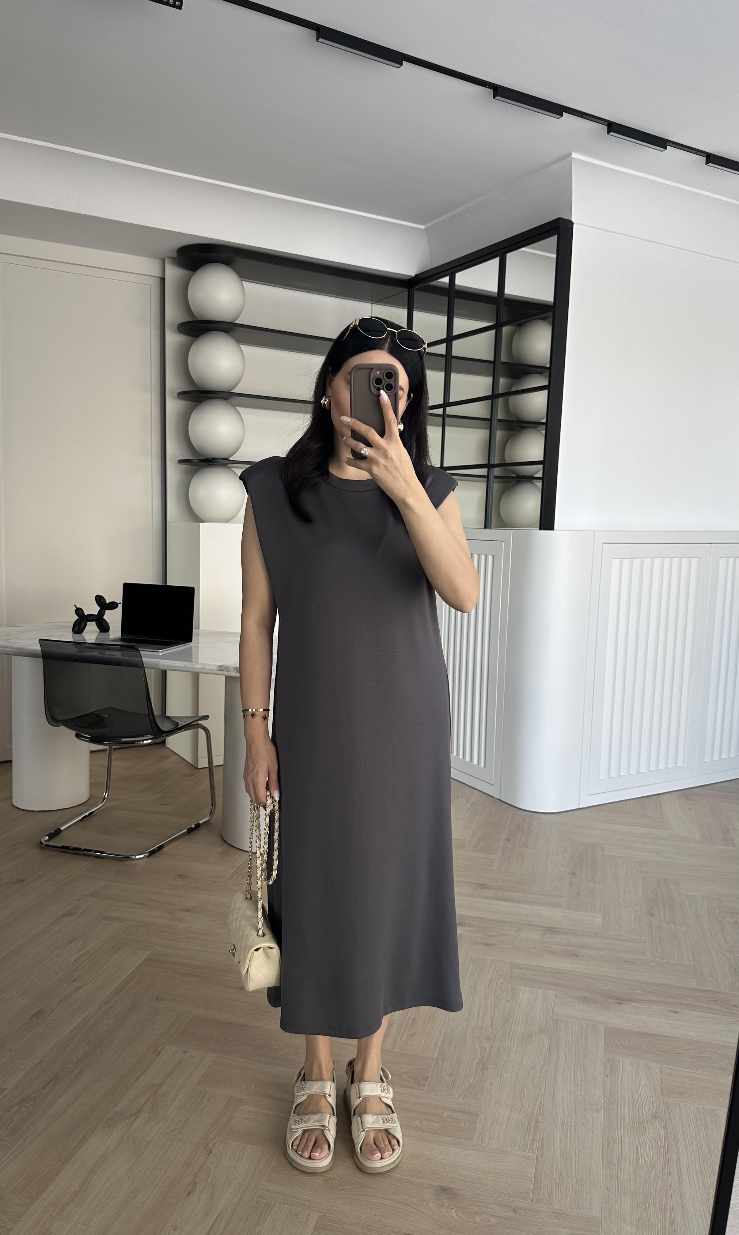 Gri Vatkalı Modal Kumaş Rahat Elbise