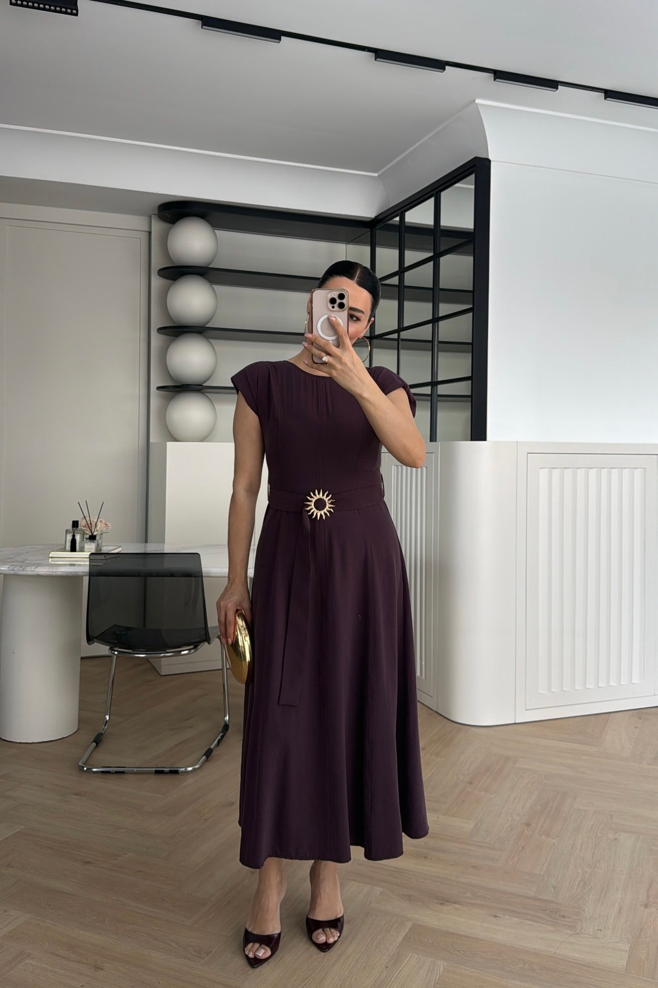 GÜNEŞ TOKALI MİDİ BOY ELBİSE MÜRDÜM 