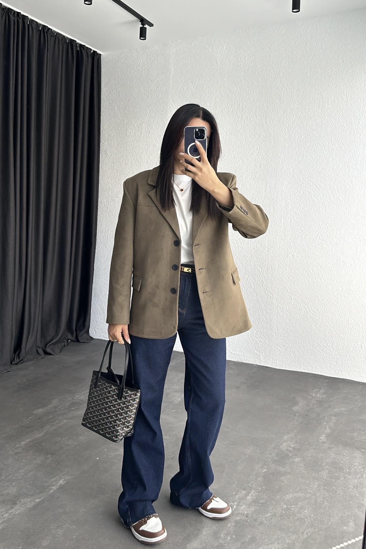 Haki Astarlı Nubuk Blazer Ceket