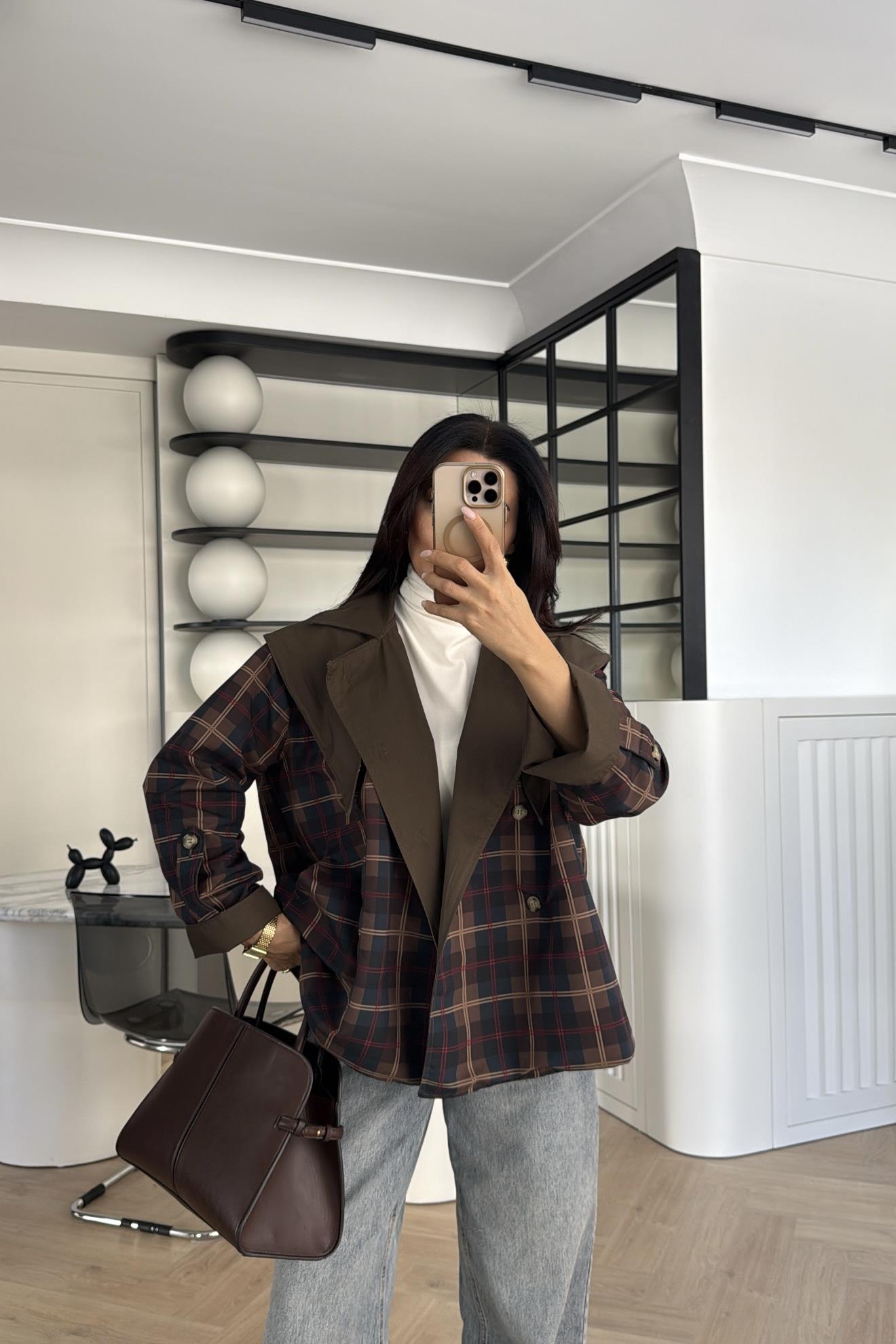 HAKİ EKOSE DETAYLI ÇİFT TARAFLI CEKET 