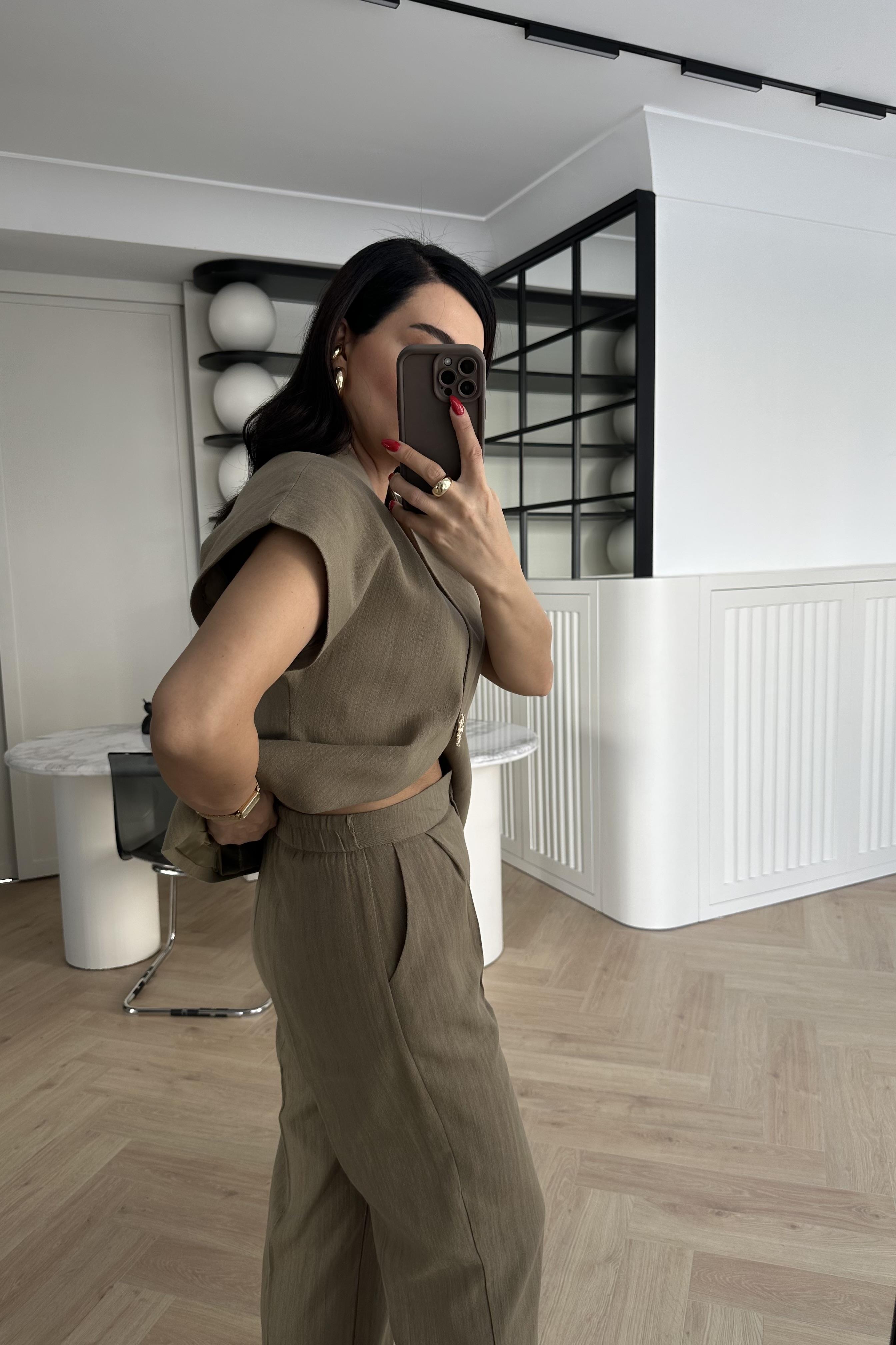 Haki Güneş Düğmeli Keten Yelek Pantolon Takım