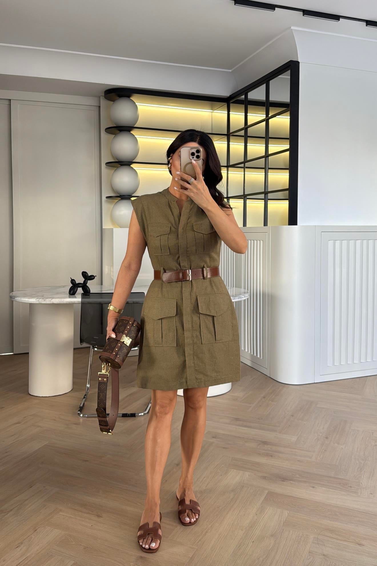 HAKİ KEMERLİ KETEN ELBİSE 