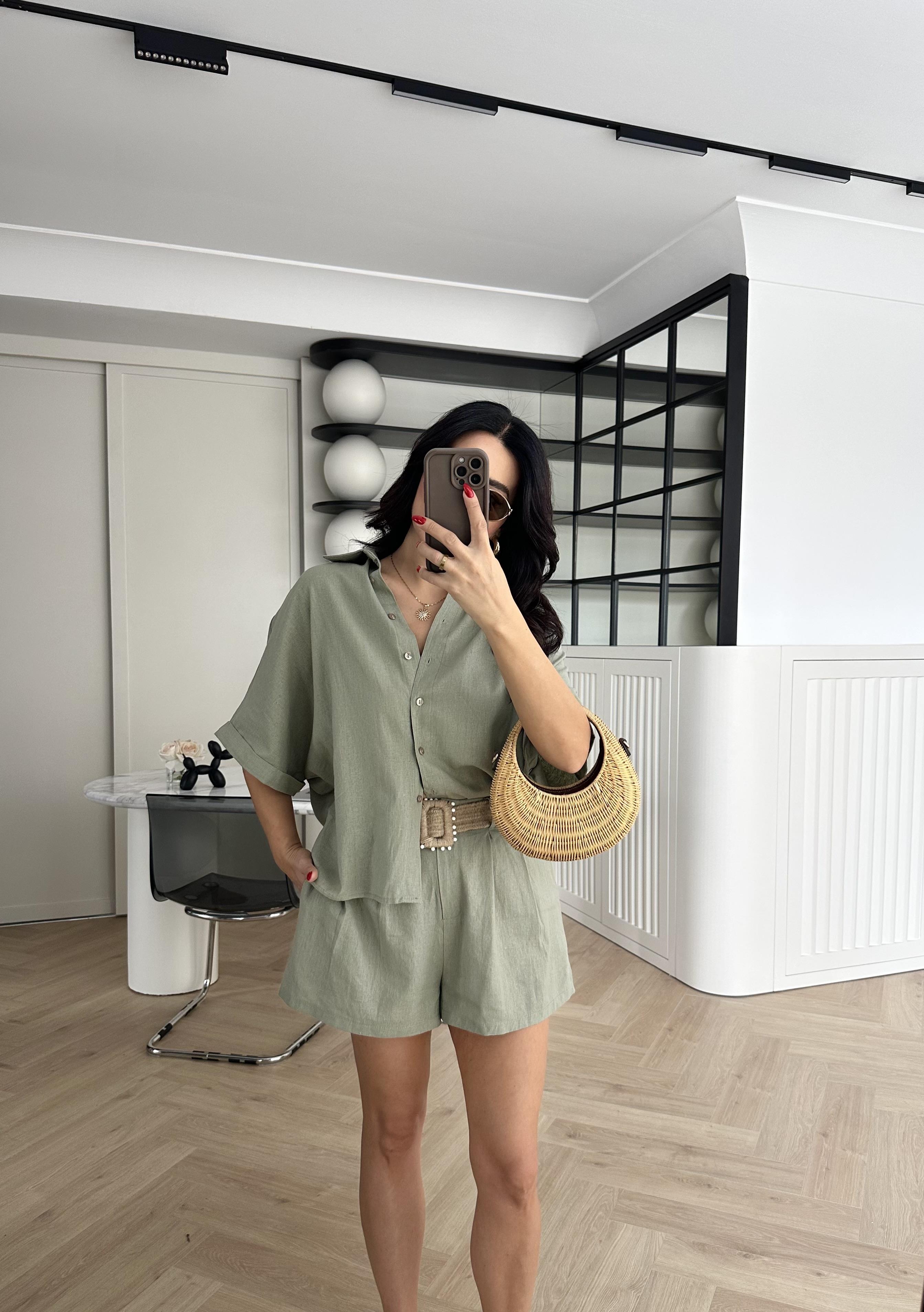 Haki Kemerli Keten Şort Gömlek Takım