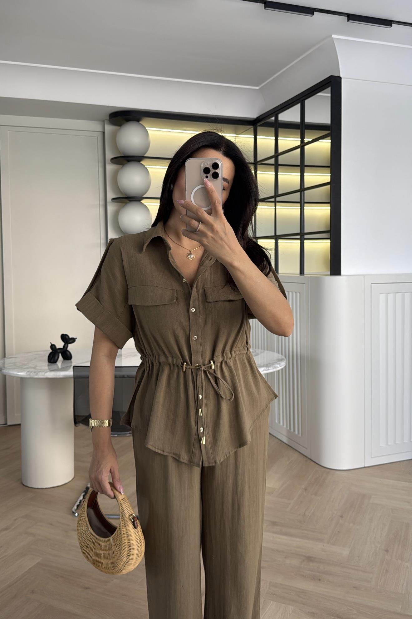 HAKİ KETEN KUMAŞ GÖMLEK PANTOLON TAKIM