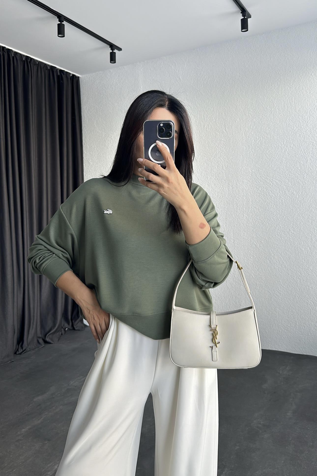 Haki Modal Kumaş Logolu Sweatshirt 