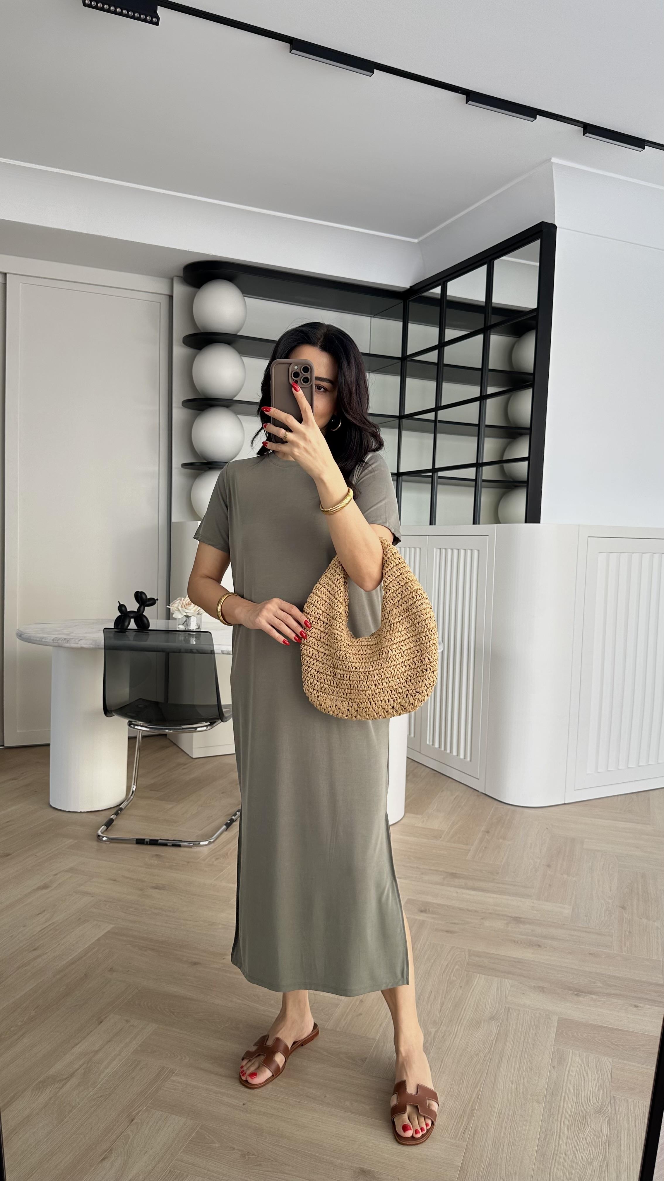 Haki Modal Kumaş Yırtmaçlı Basic Elbise