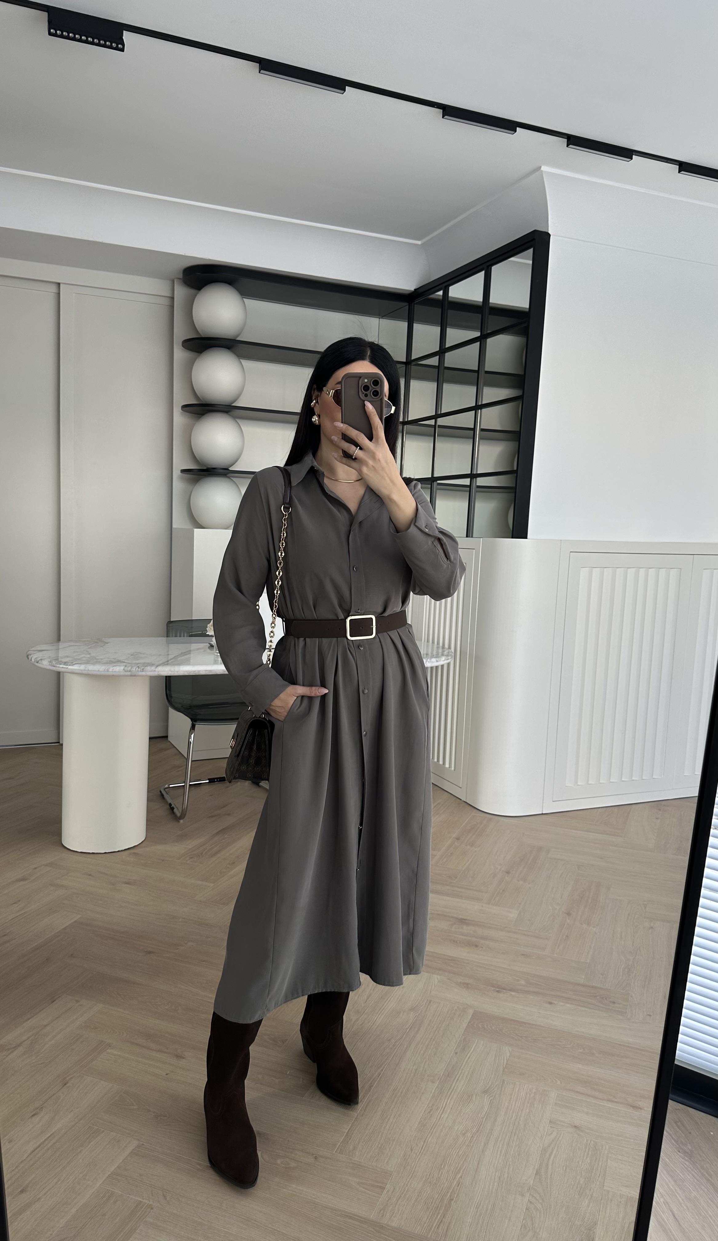 Haki Sedef Düğmeli Kemerli Gömlek Elbise