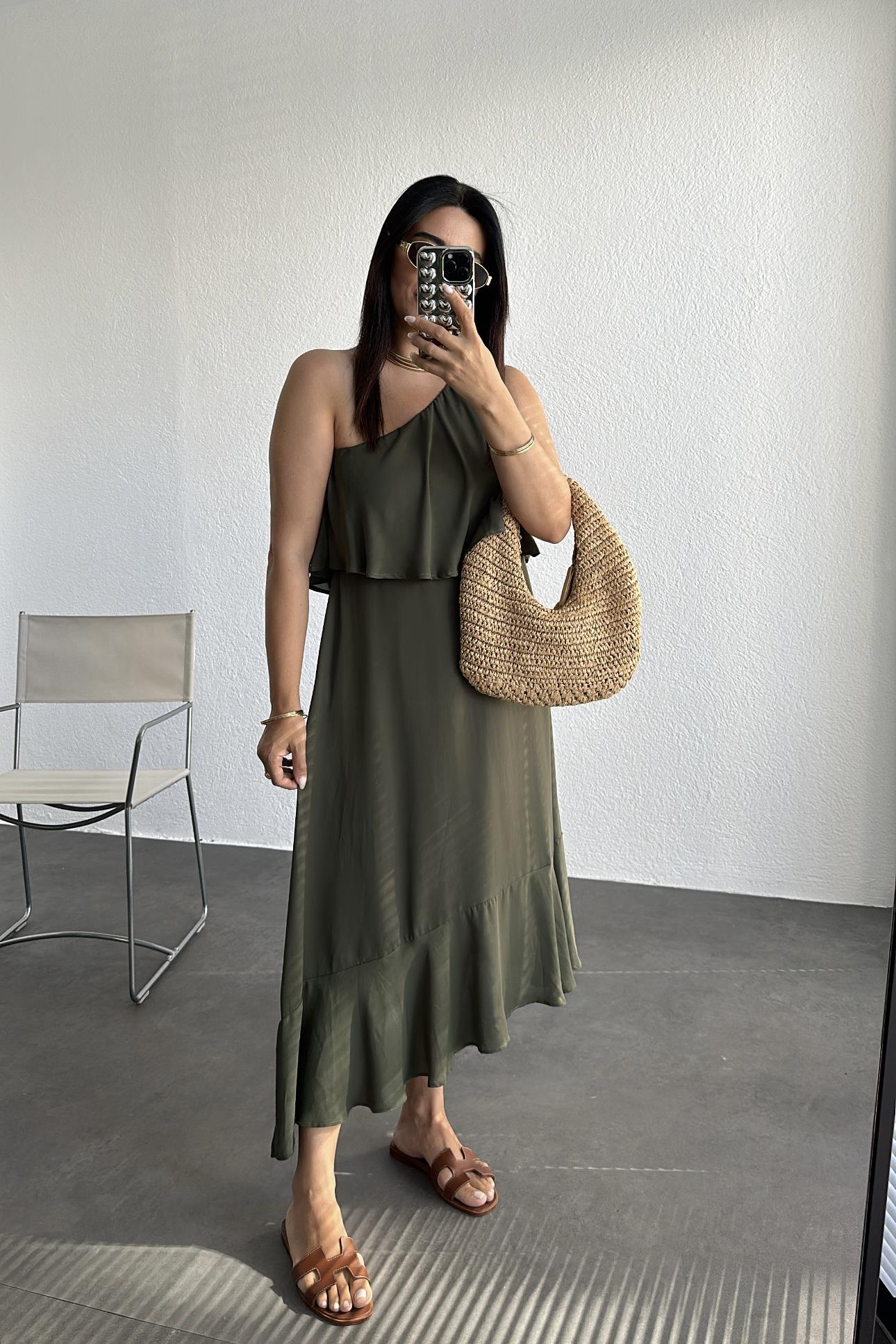 Haki Tek Omuz Şifon Elbise