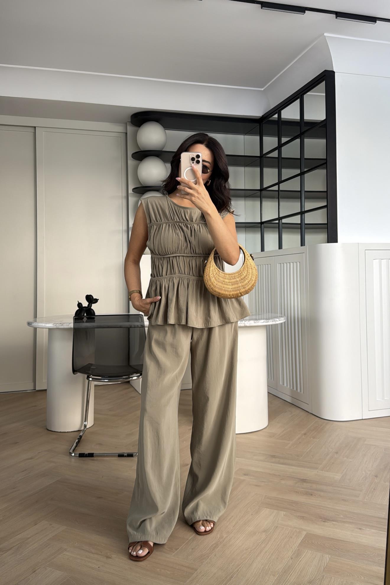 HAKİ TENSEL KUMAŞ BLUZ PANTOLON TAKIM