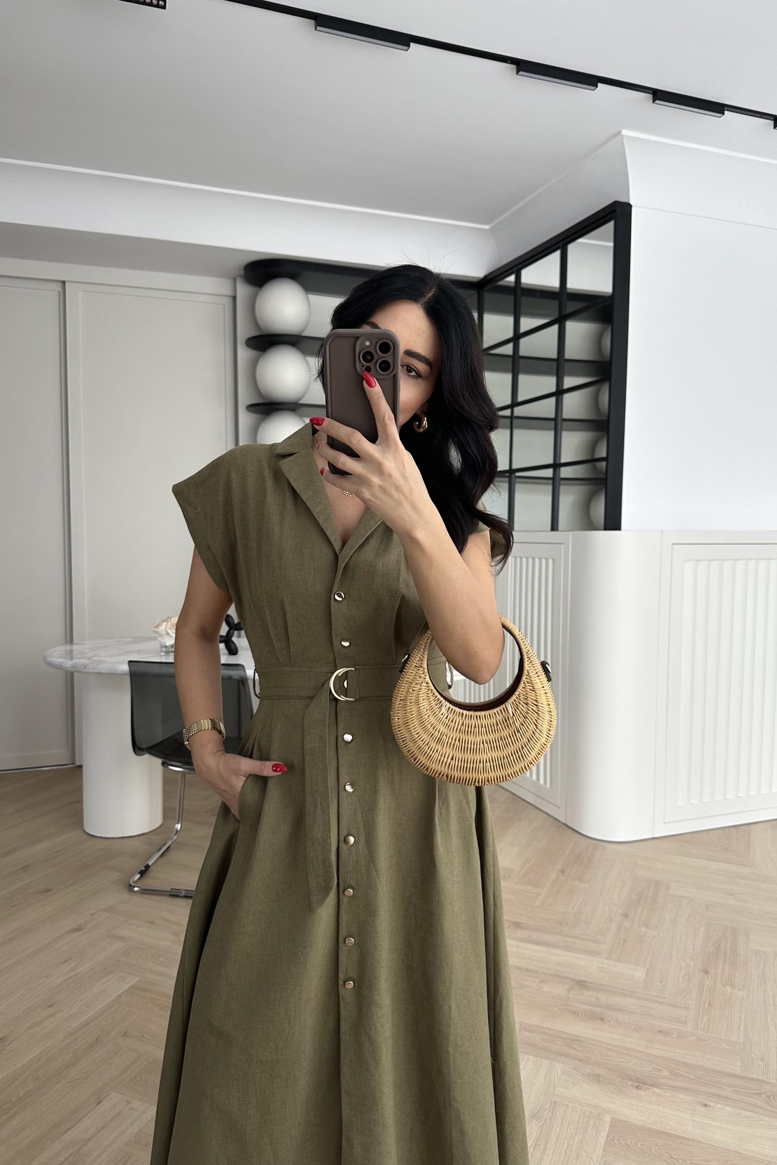Haki Zr Model Kemerli Keten Elbise