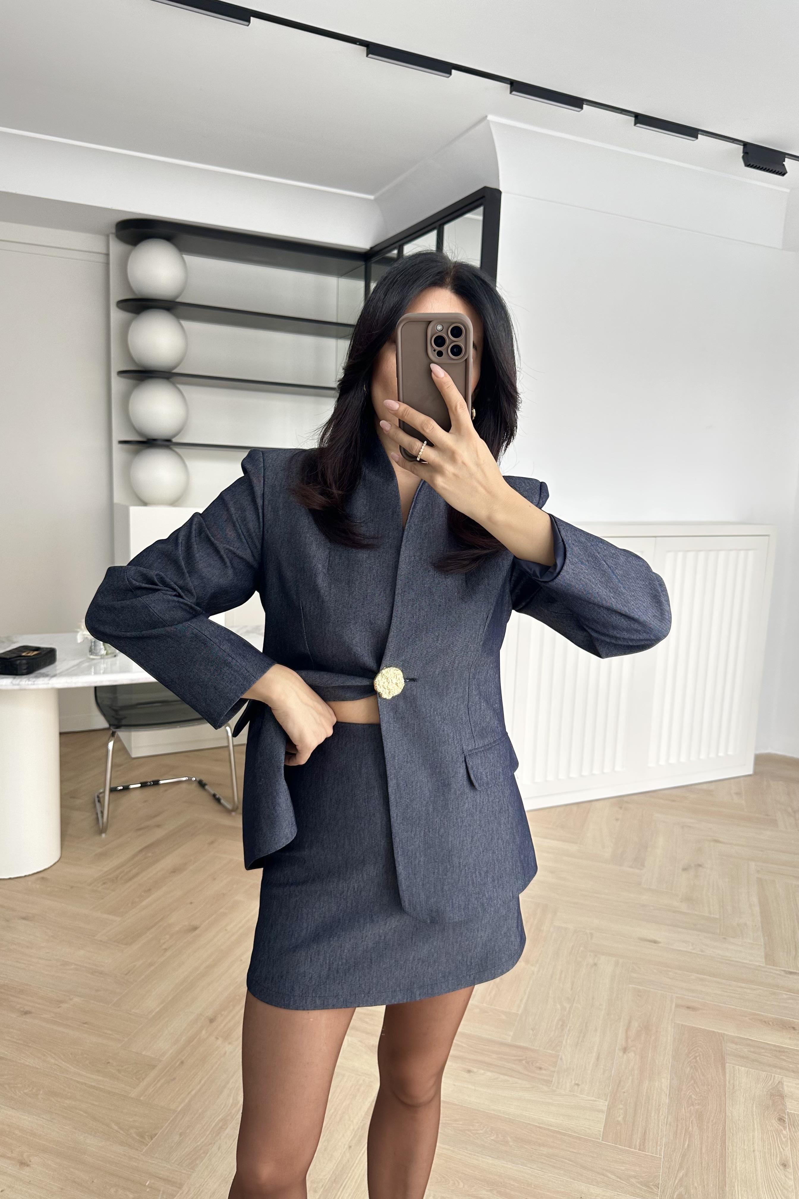 Hakim Yaka Denim Kumaş Tasarım Blazer Ceket Etek Takım