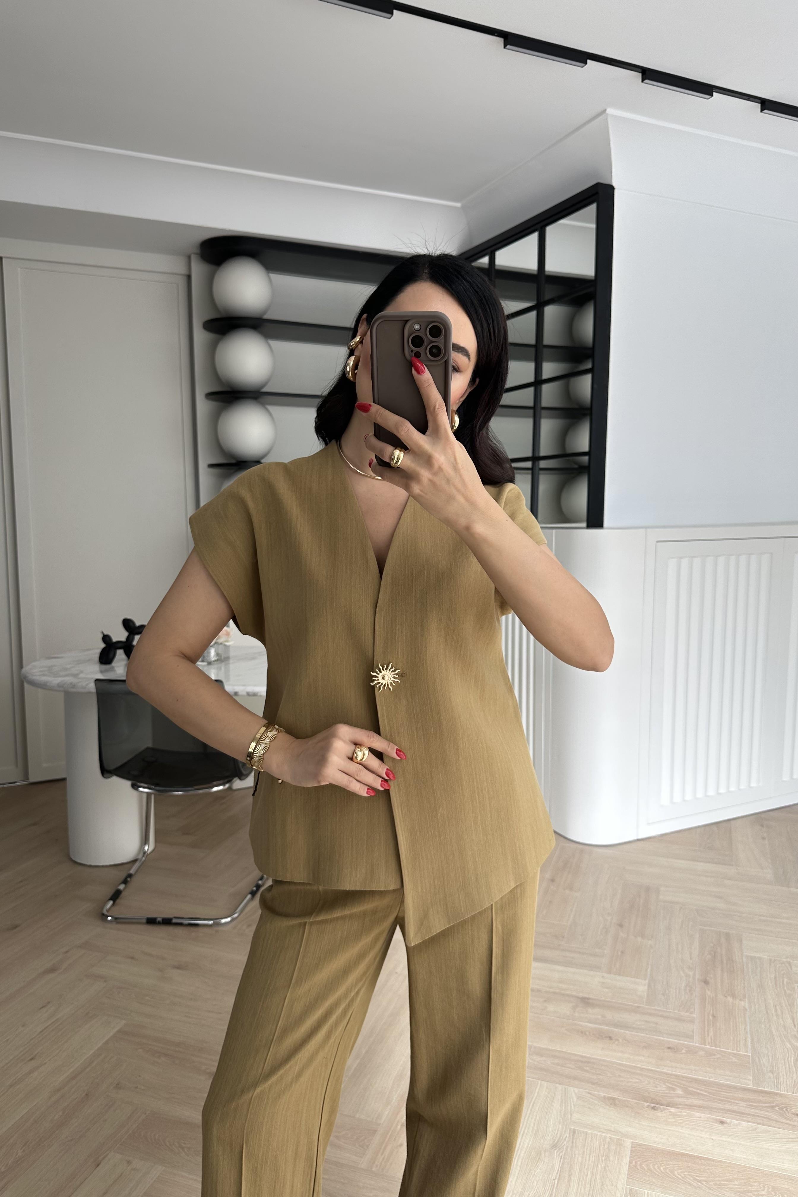 Hardal Güneş Düğmeli Keten Yelek Pantolon Takım