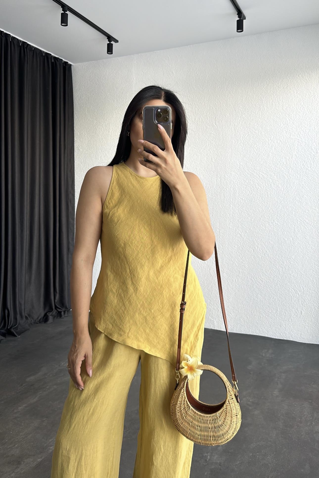 Hardal Ham Keten Bluz Pantolon Takım