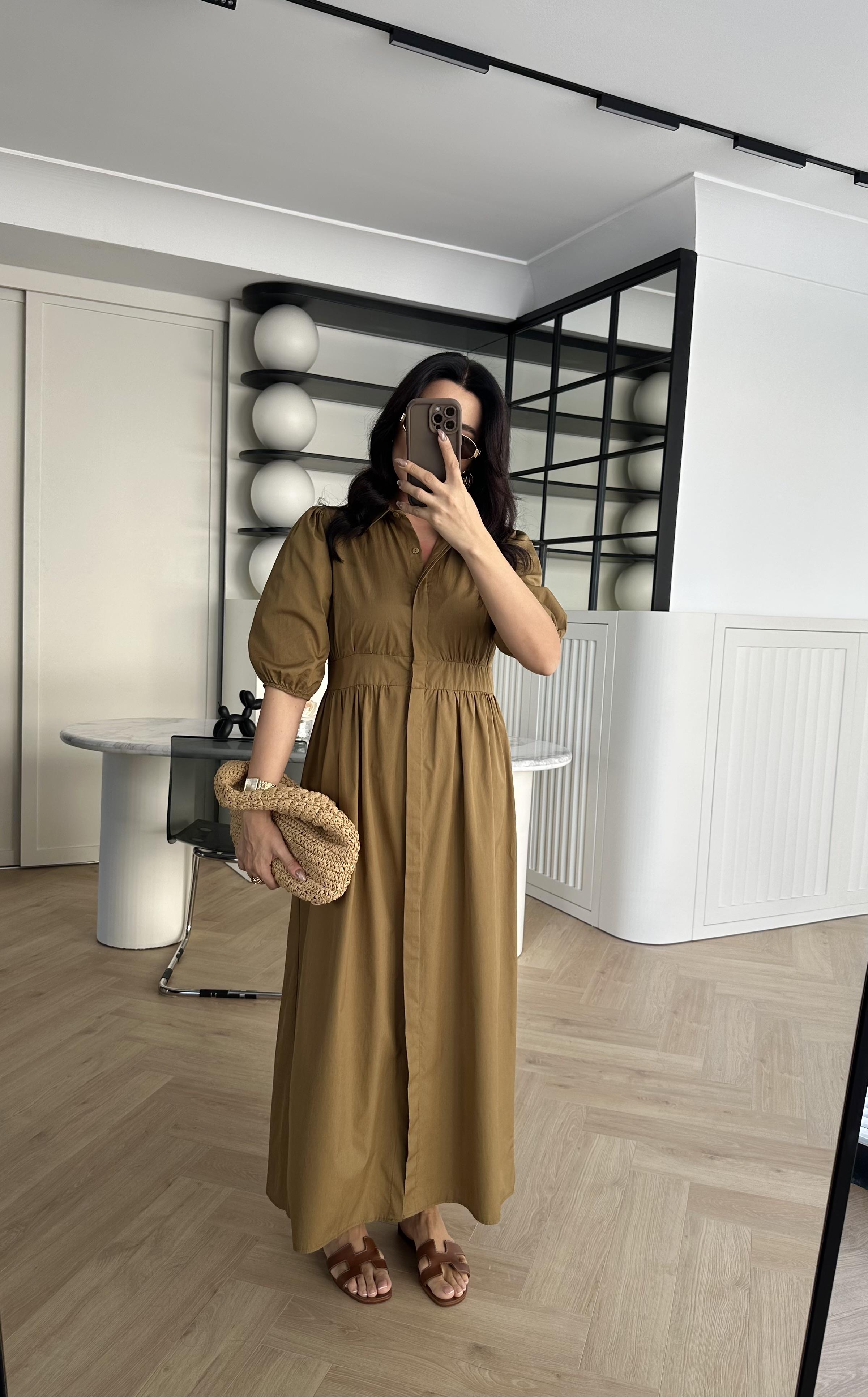 Hardal Poplin Kumaş Önden Düğmeli Elbise