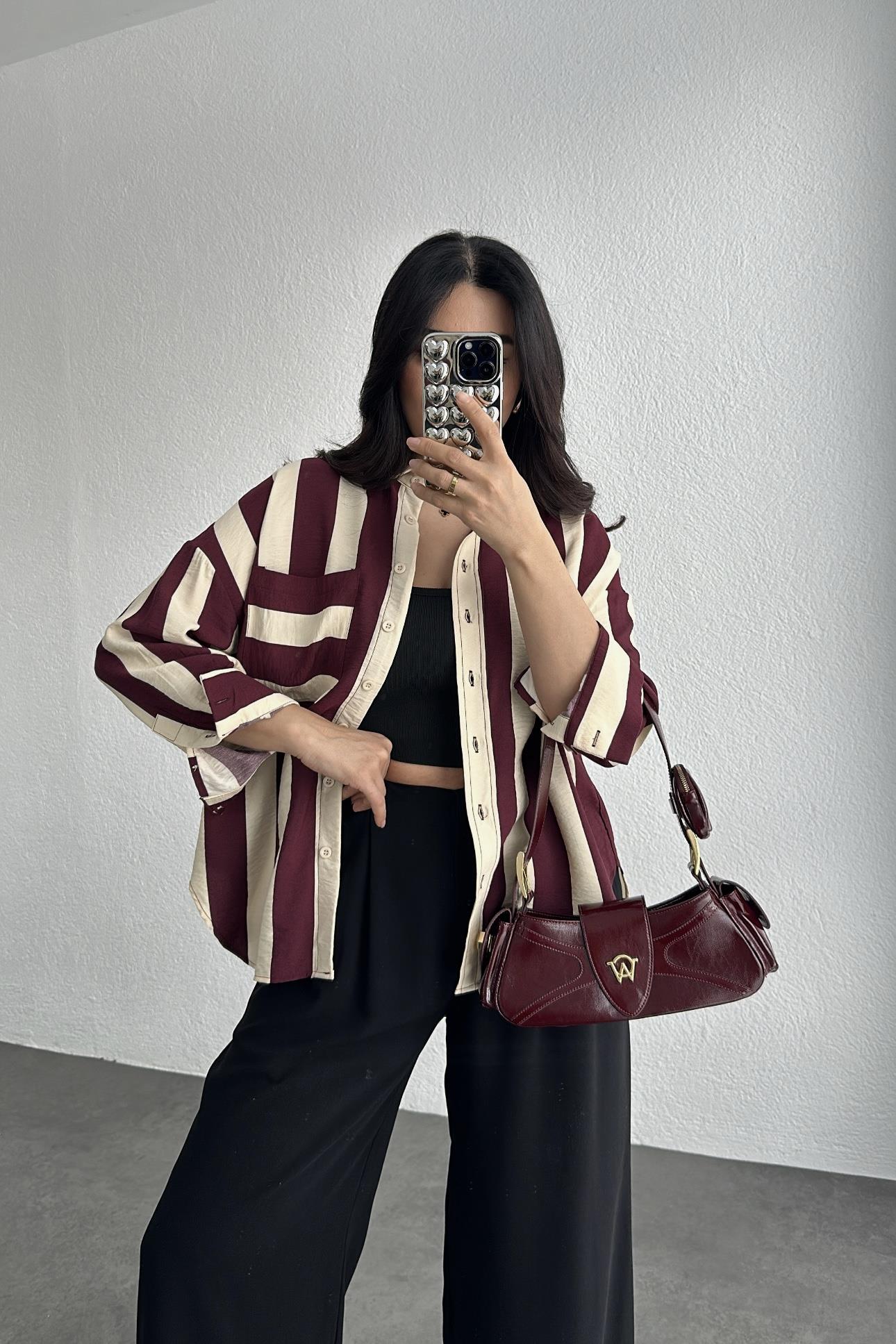 İhracat Bordo Çizgili Gömlek