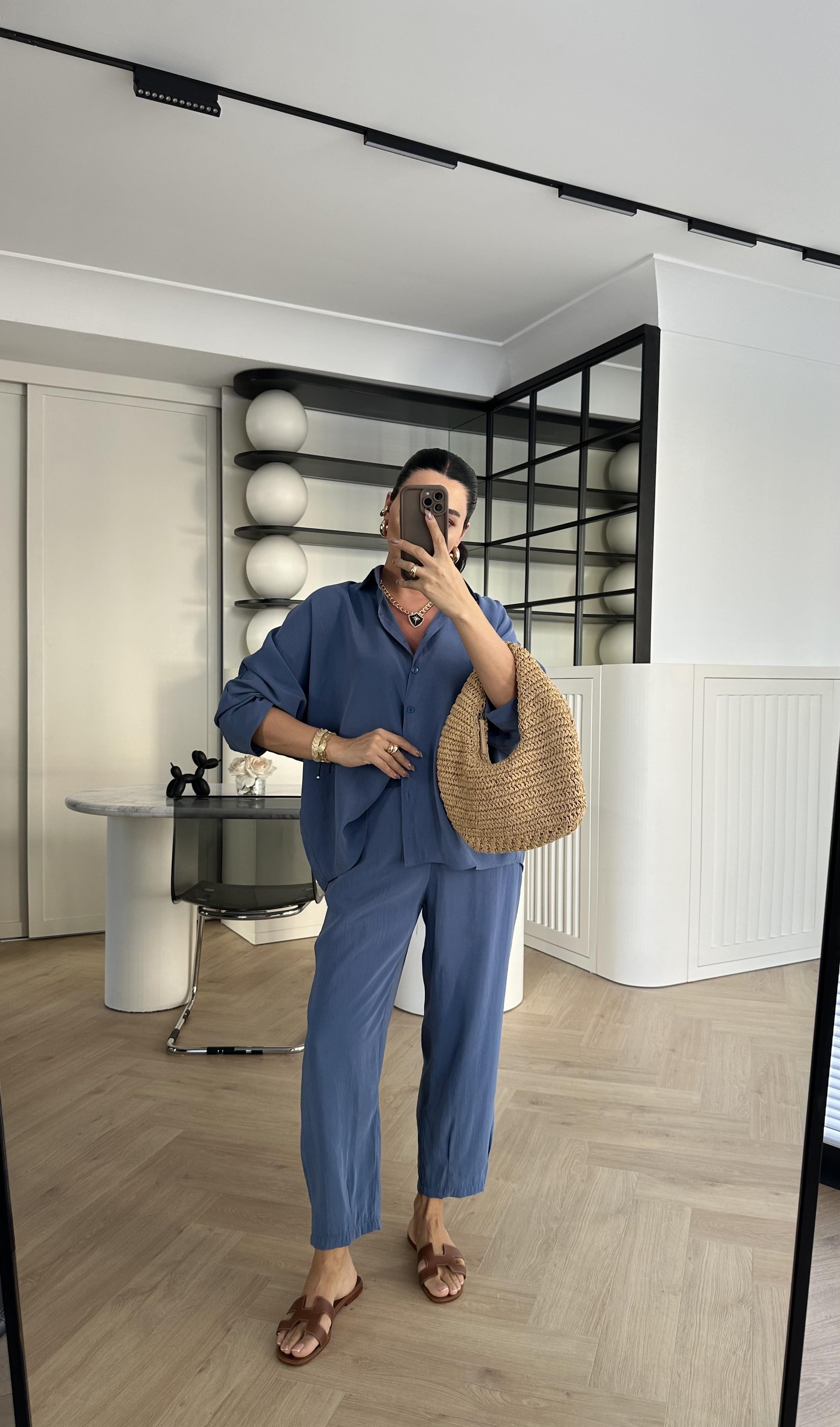 İndigo Tensel Kumaş Massi Gömlek Pantolon Takım