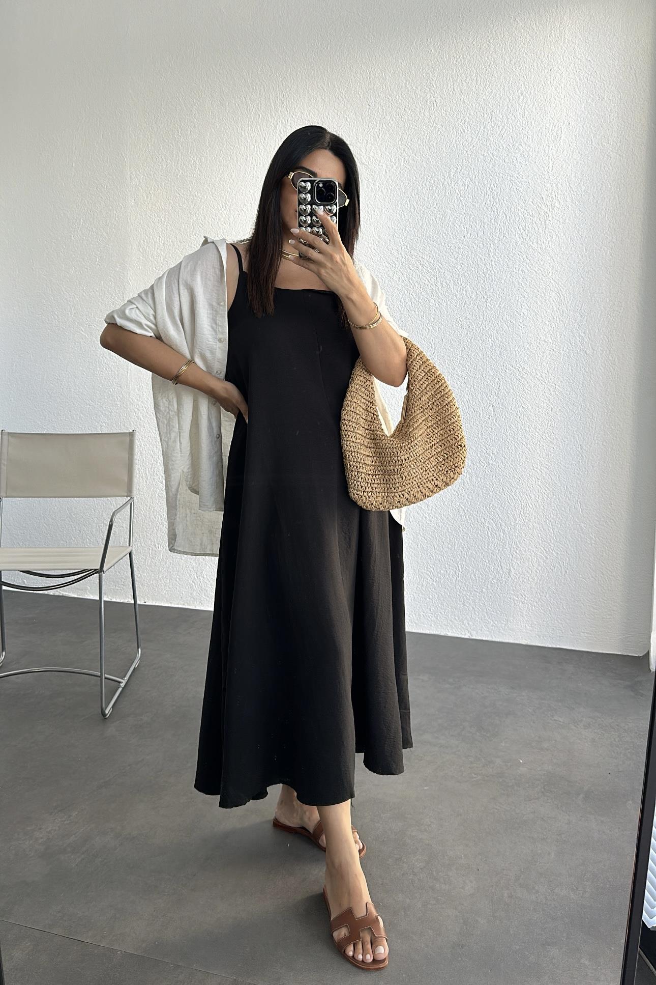 İp Askılı Tensel Maksi Boy Siyah Elbise
