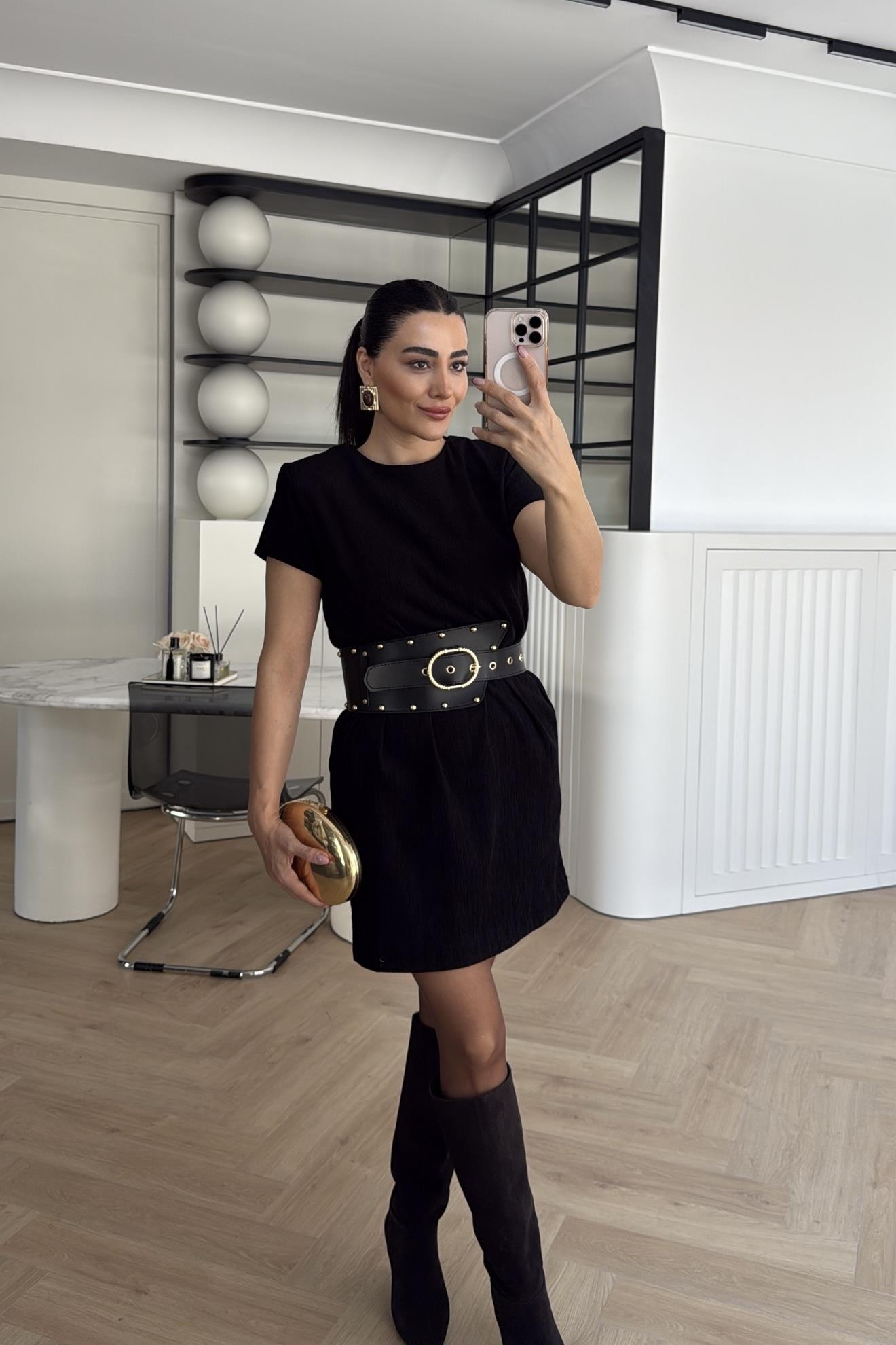 KADİFE CEPLİ KEMERLİ ELBİSE SİYAH 