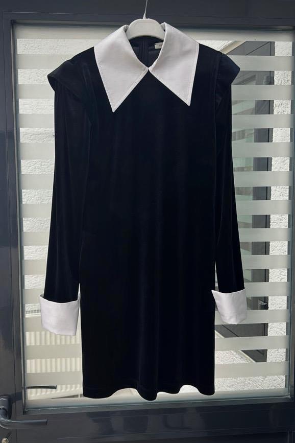 Kadife Gömlek Yaka Siyah Elbise