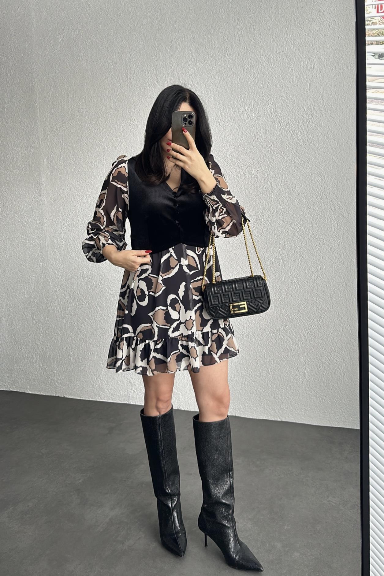 Kadife Yelek Detay Marka Model Astarlı Şifon Elbise