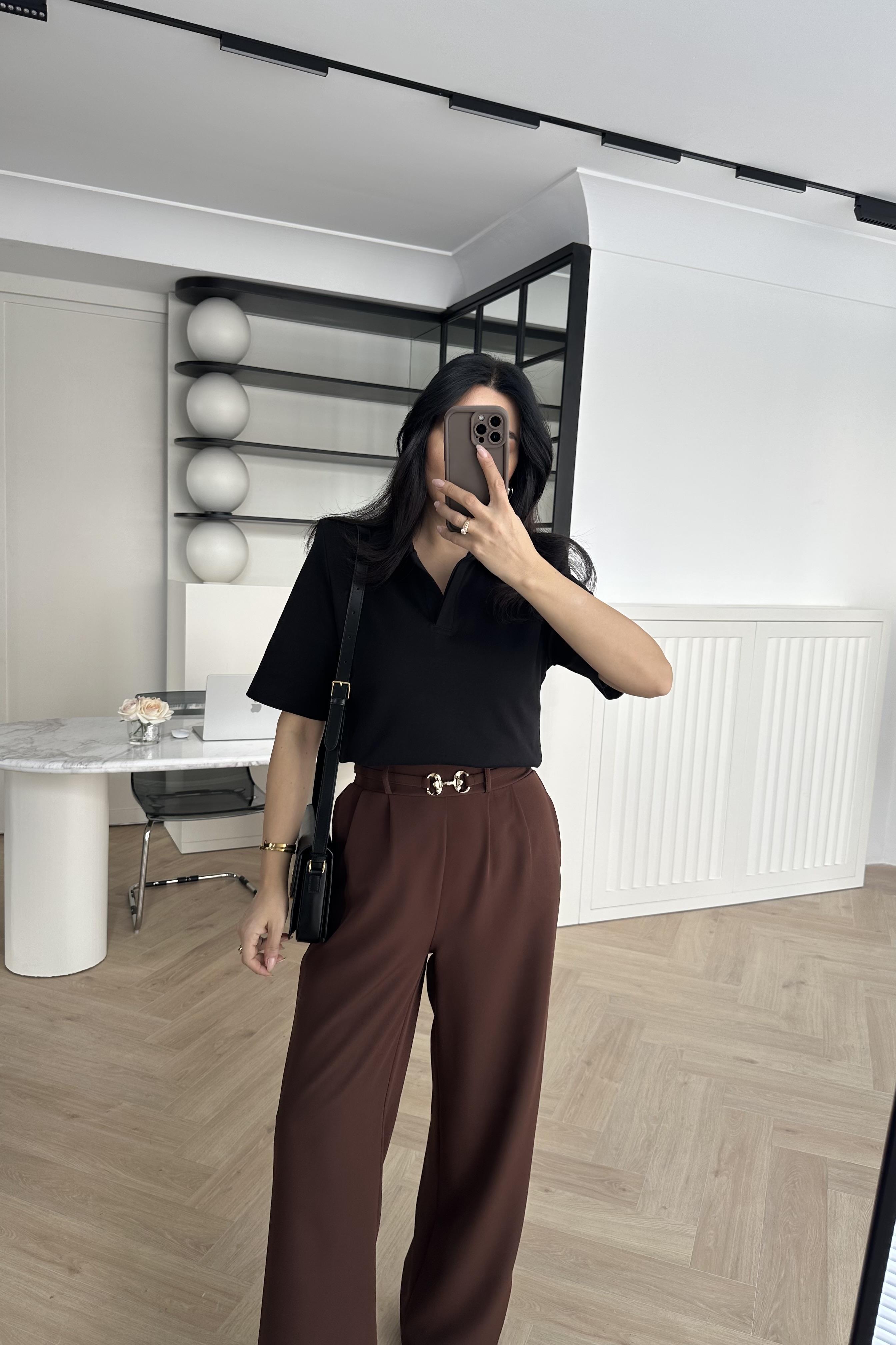 Kahve Arkası Lastikli Gold Tokalı Palazzo Pantolon 