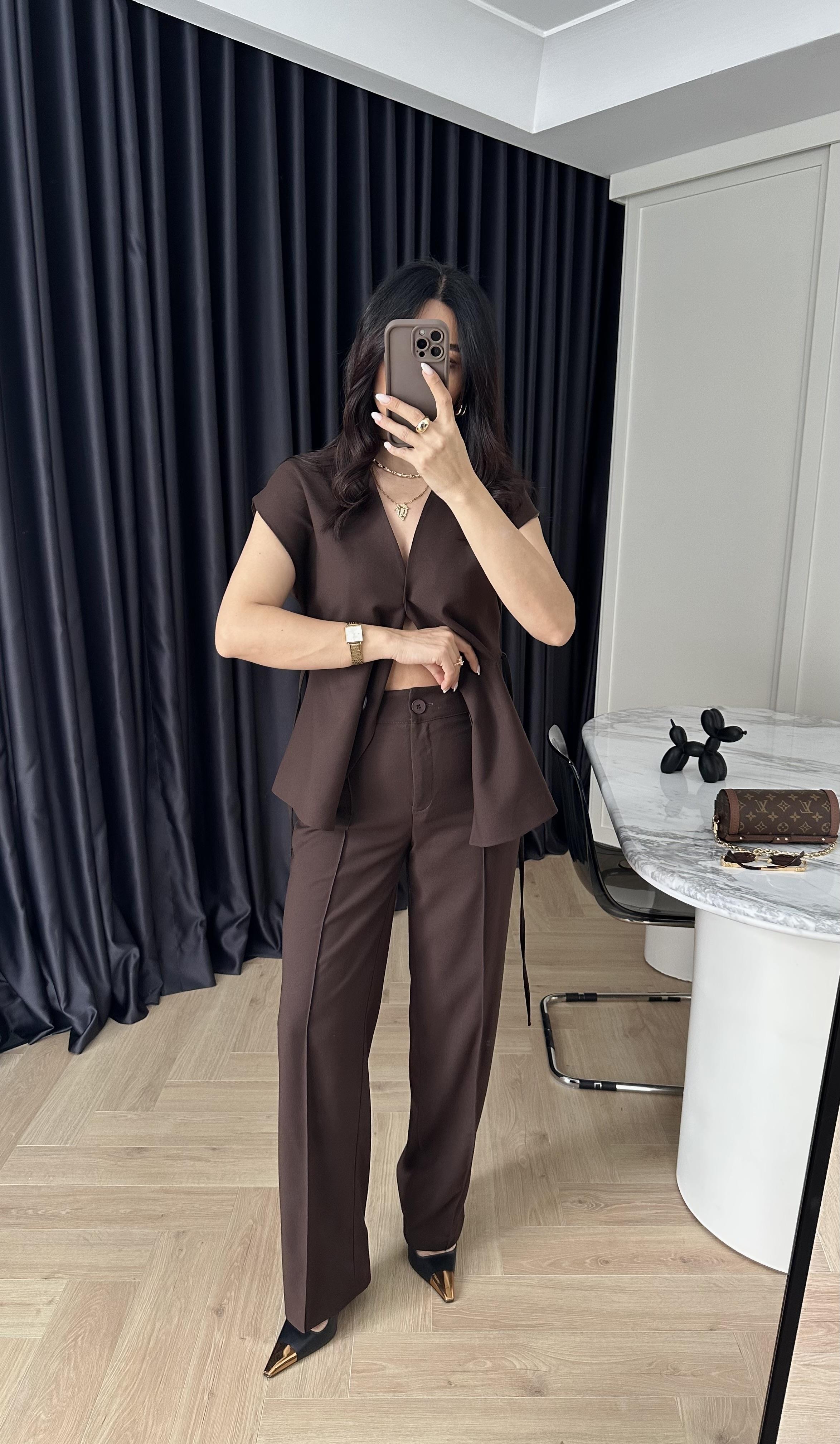 Kahve Astarlı Yelek Pantolon Takım