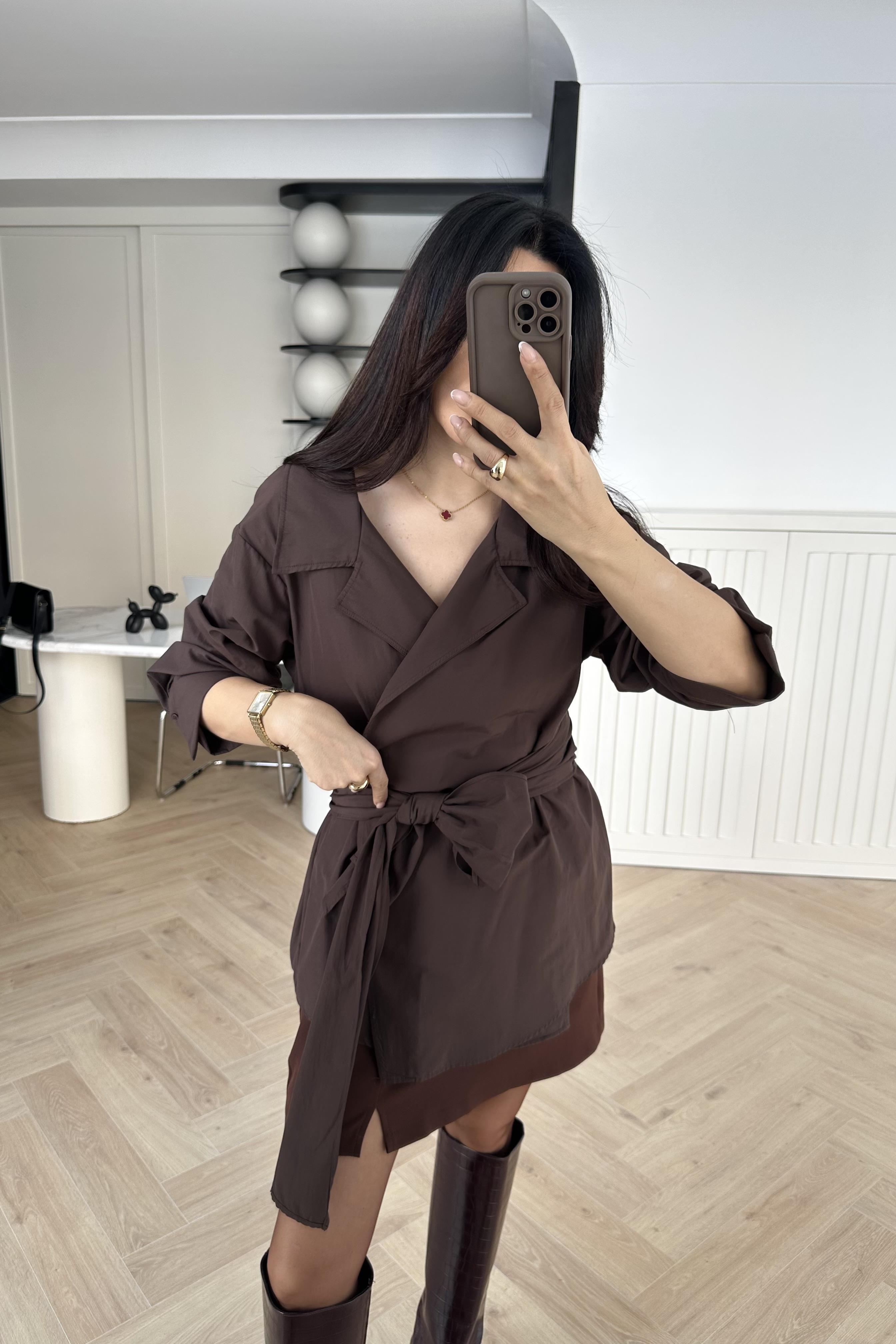 Kahve Bağlamalı Poplin Gömlek 