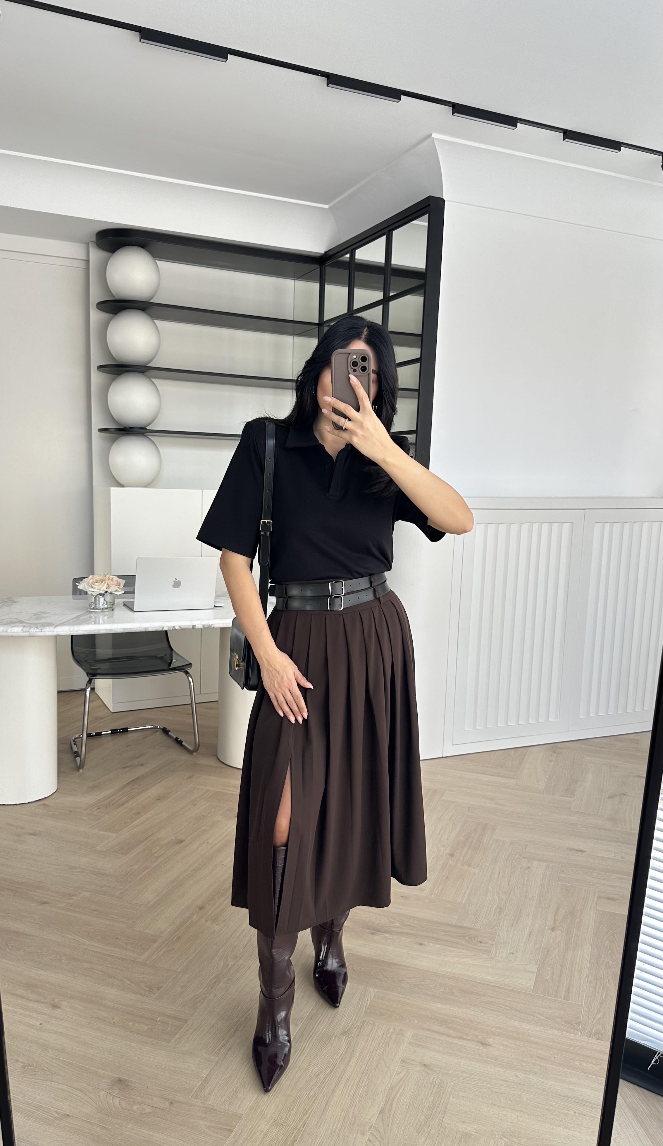 Kahve Çift Kemerli Yırtmaçlı Uzun Etek 