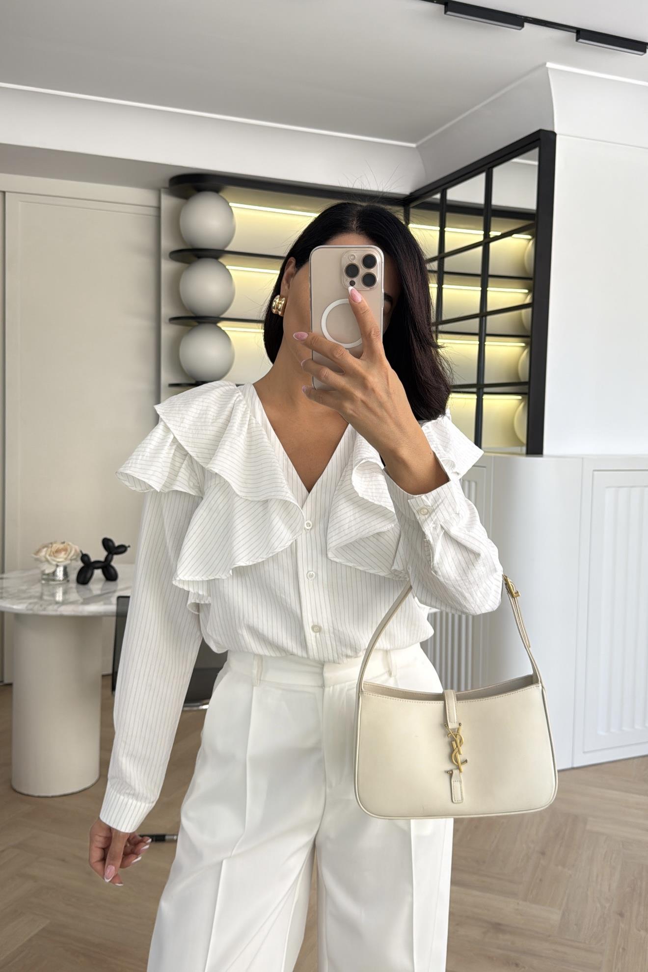 Kahve Çizgili Fırfırlı Tasarım Gömlek 