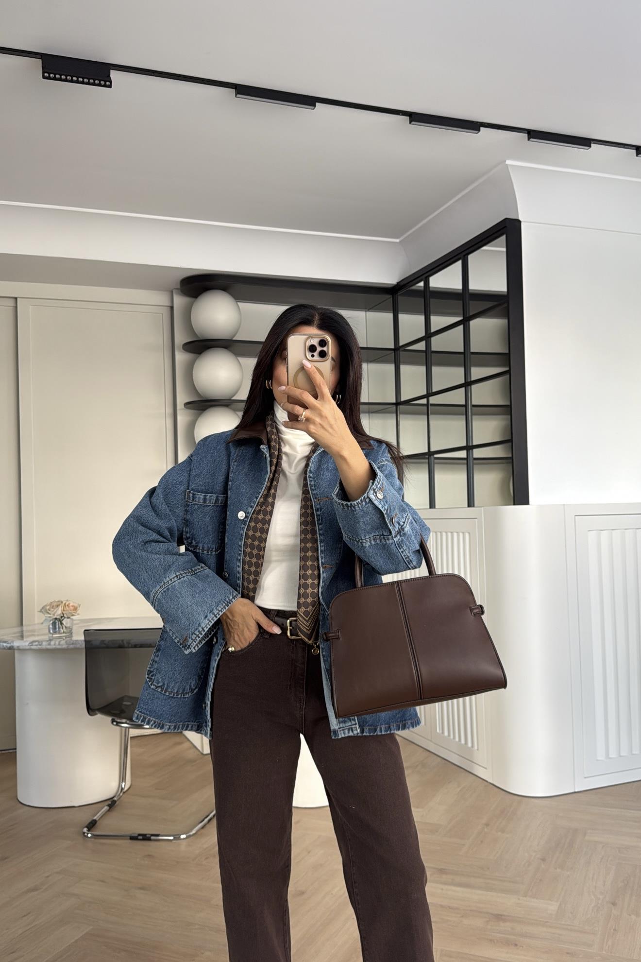 KAHVE DERİ YAKA DETAY DENİM CEKET 