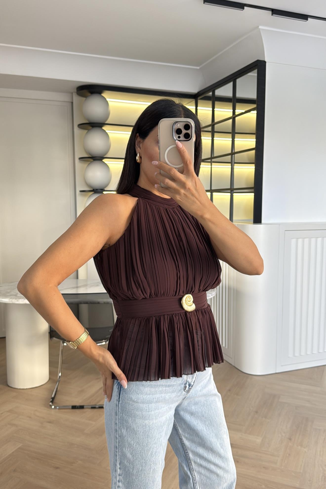 KAHVE GOLD DÜĞMELİ BLUZ