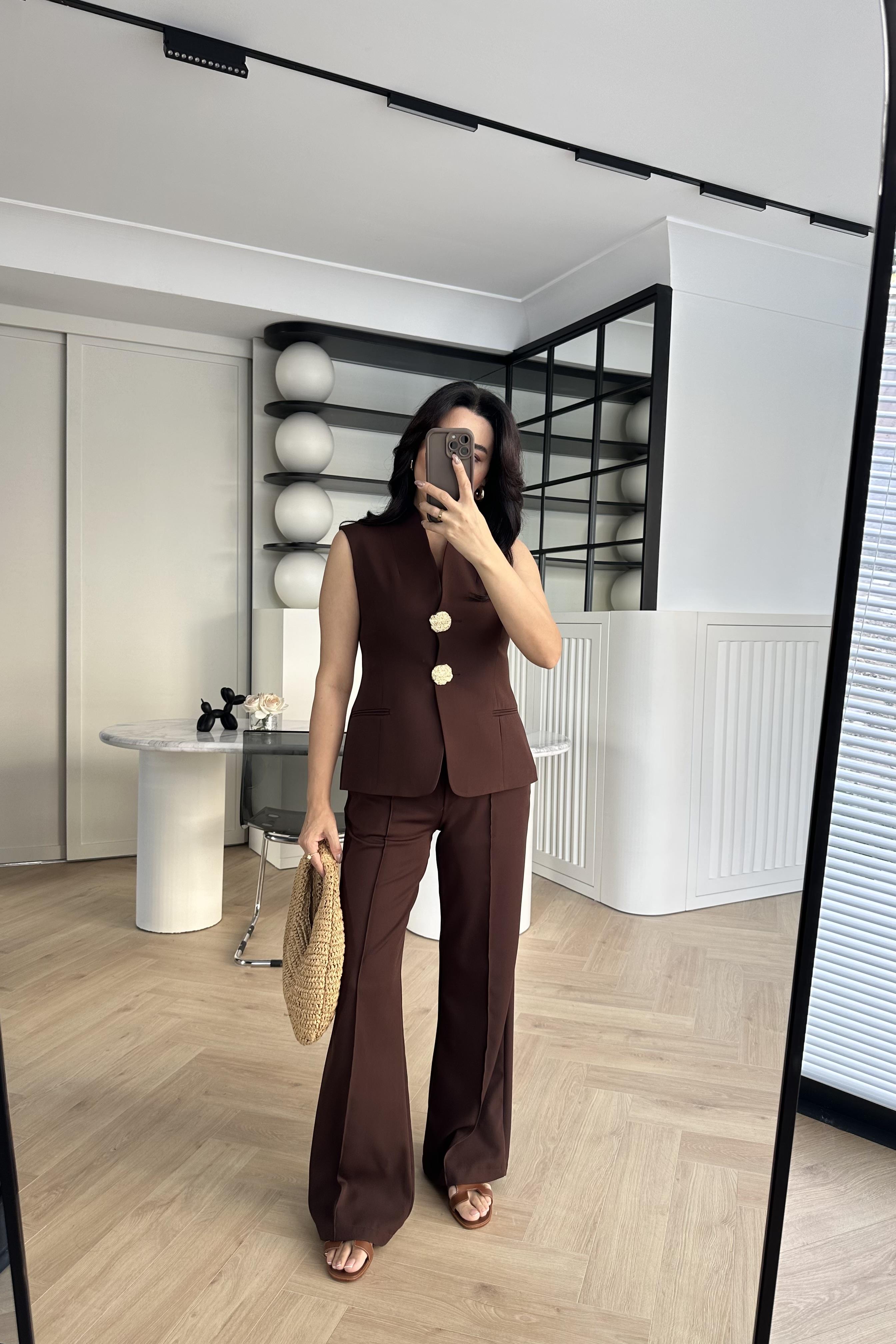 Kahve Gold Düğmeli Ceket Pantolon Takım