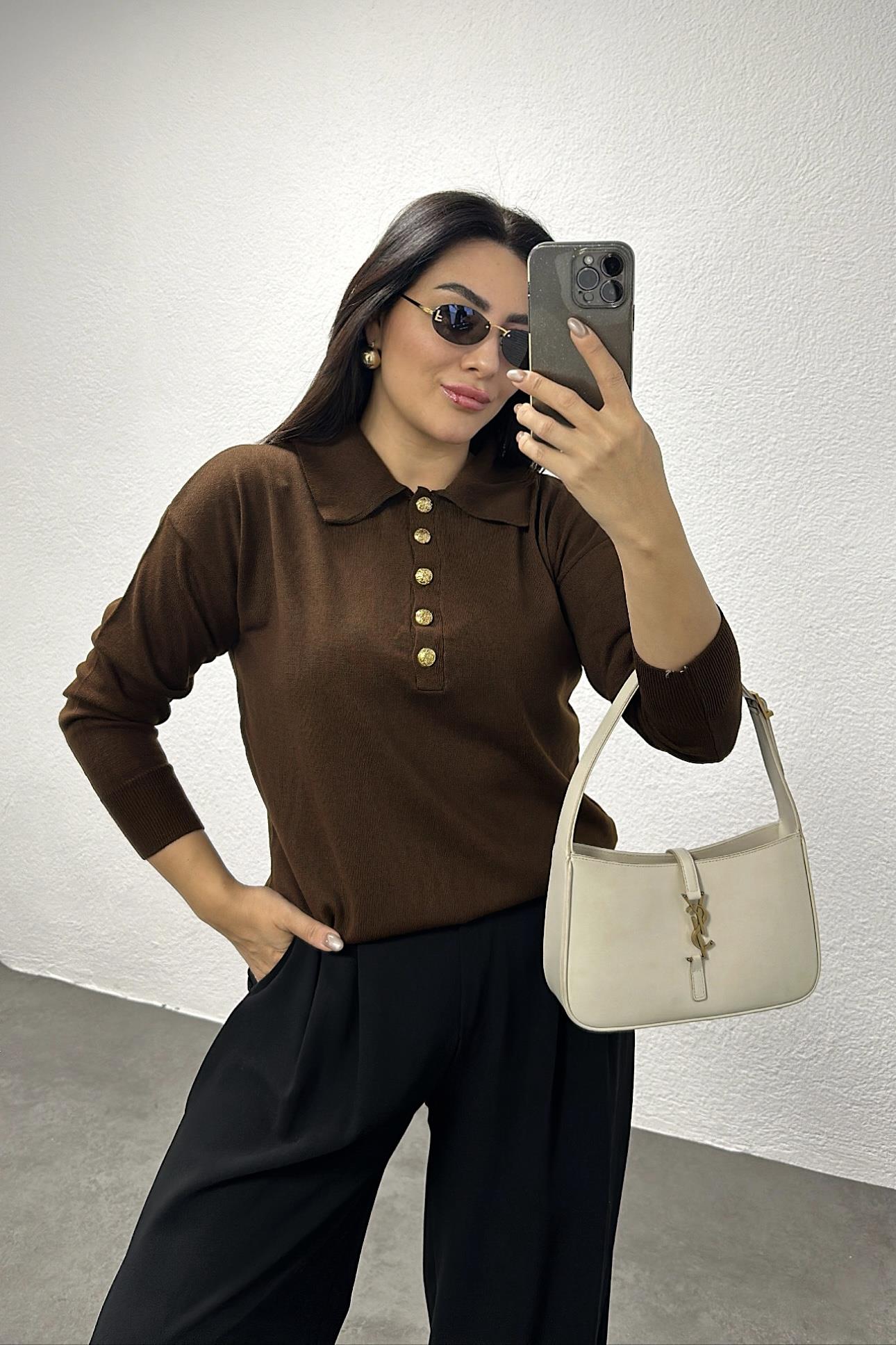 Kahve Gold Düğmeli Polo Yaka Triko