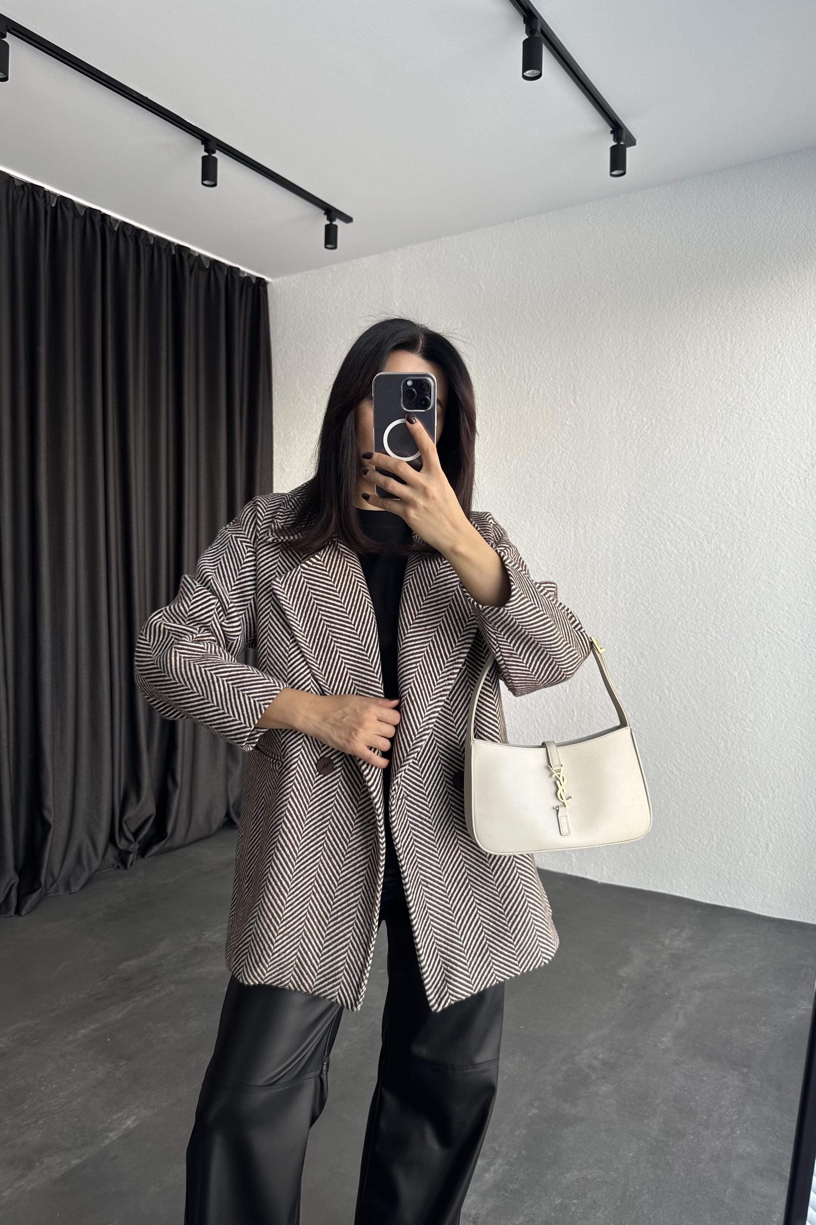 Kahve Kazayağı Desen Kaşe Kaban 