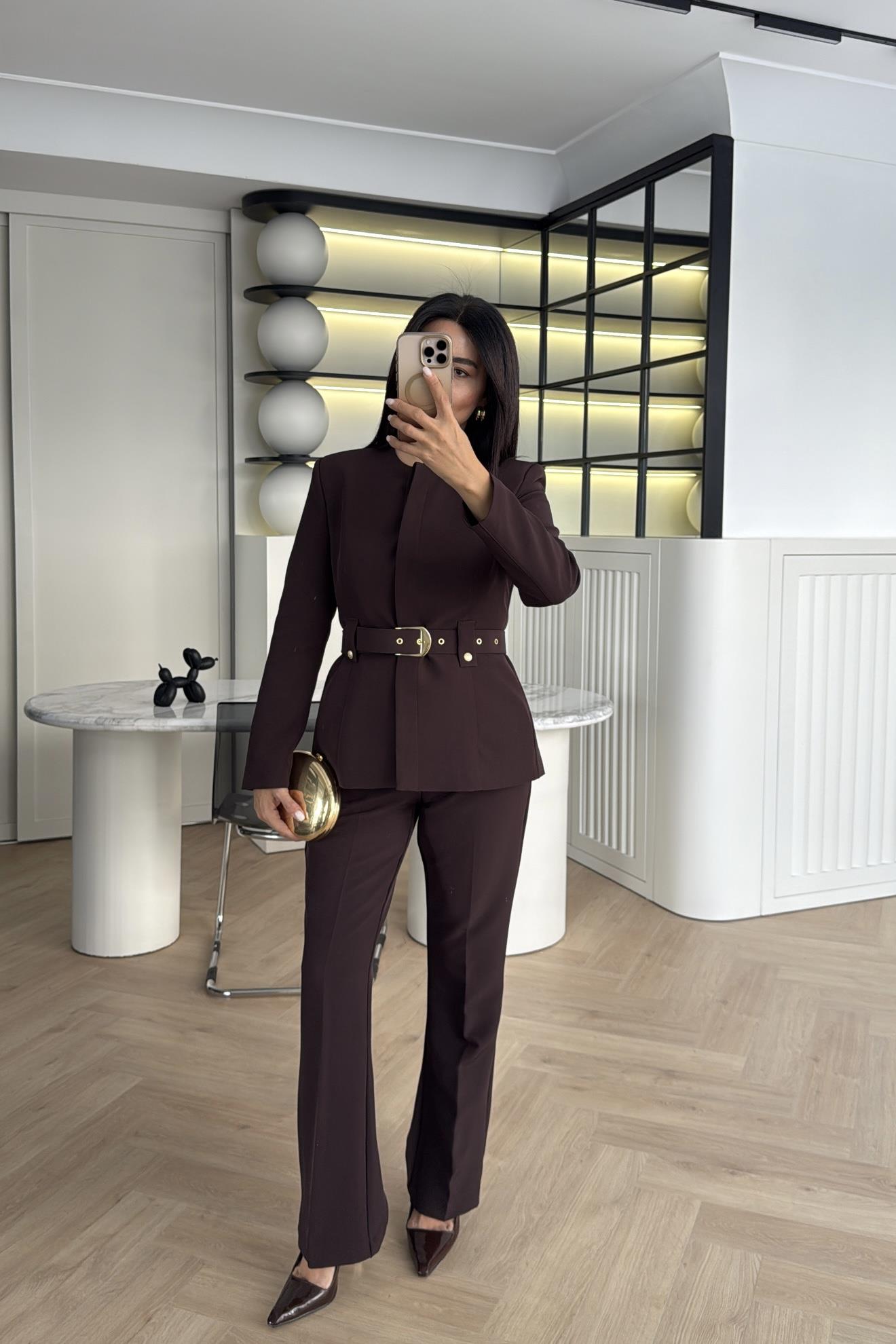 KAHVE KEMERLİ DOUBLE KUMAŞ CEKET PANTOLON TAKIM 