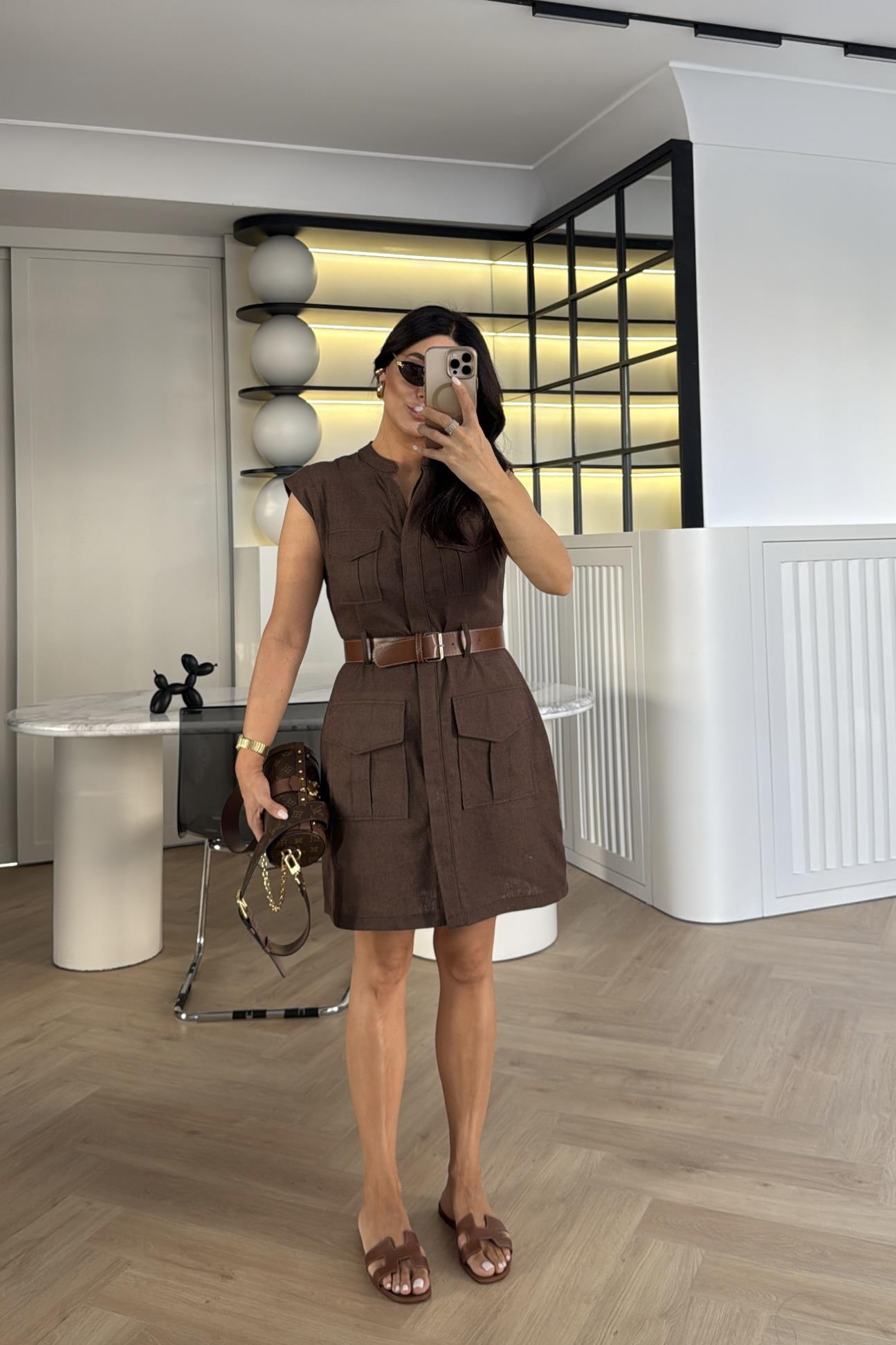 KAHVE KEMERLİ KETEN ELBİSE 