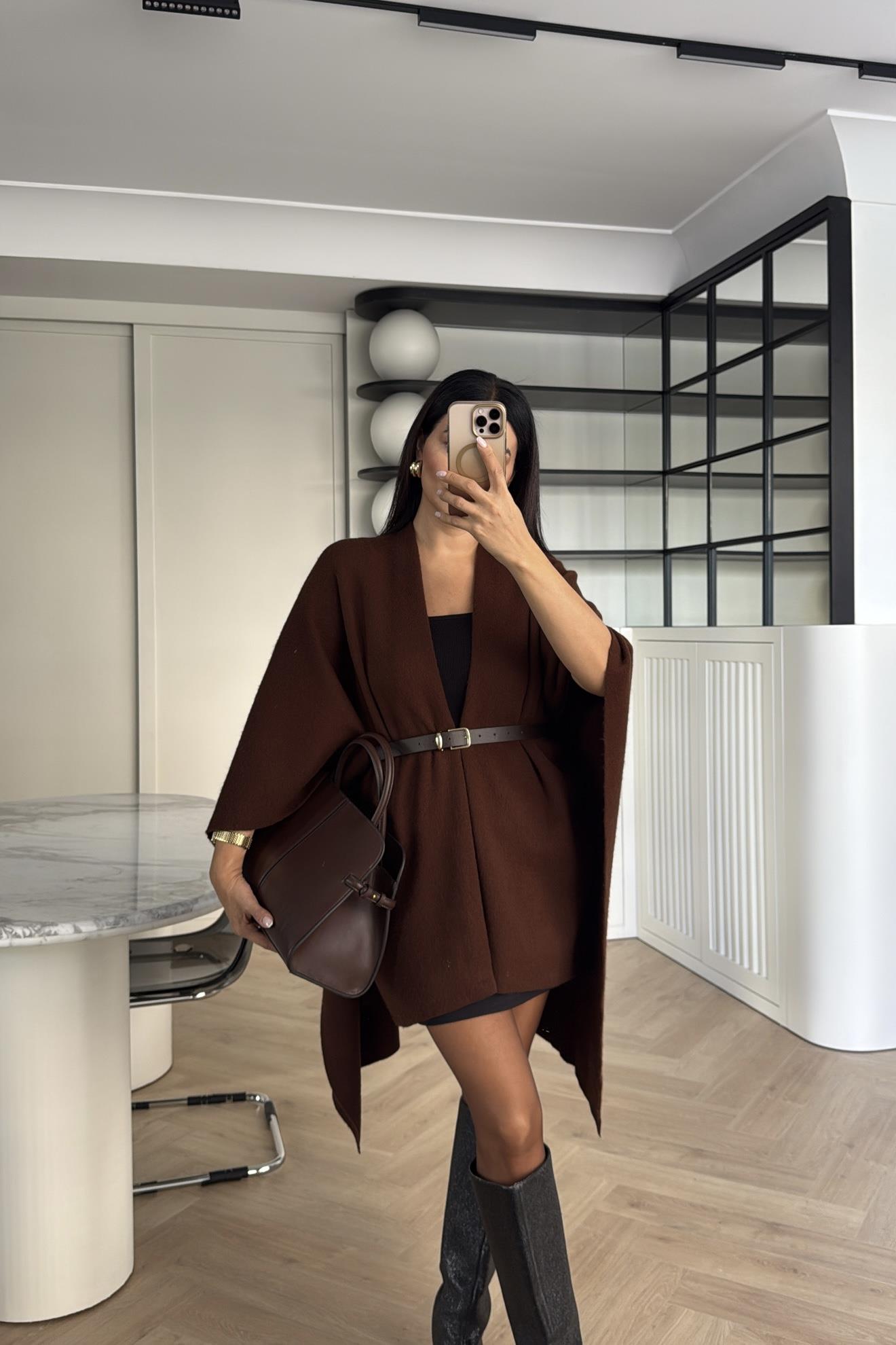 KAHVE KEMERLİ TRİKO PANÇO