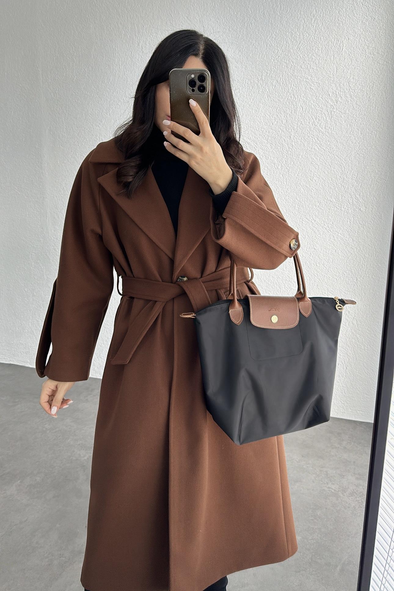 Kahve Kol Detaylı Premium Kaşe Kaban