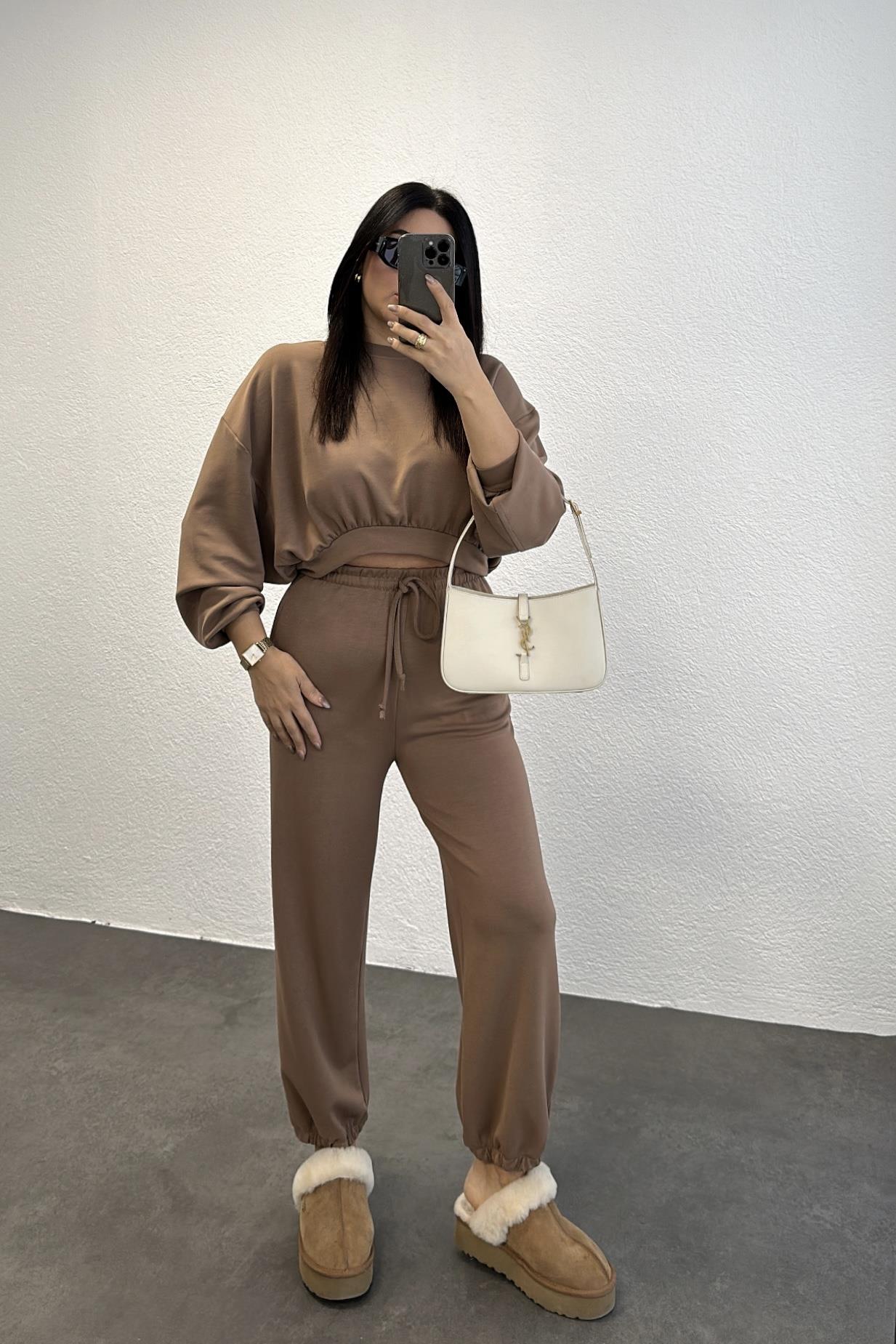 Kahve Modal Kumaş Eşofman Takım