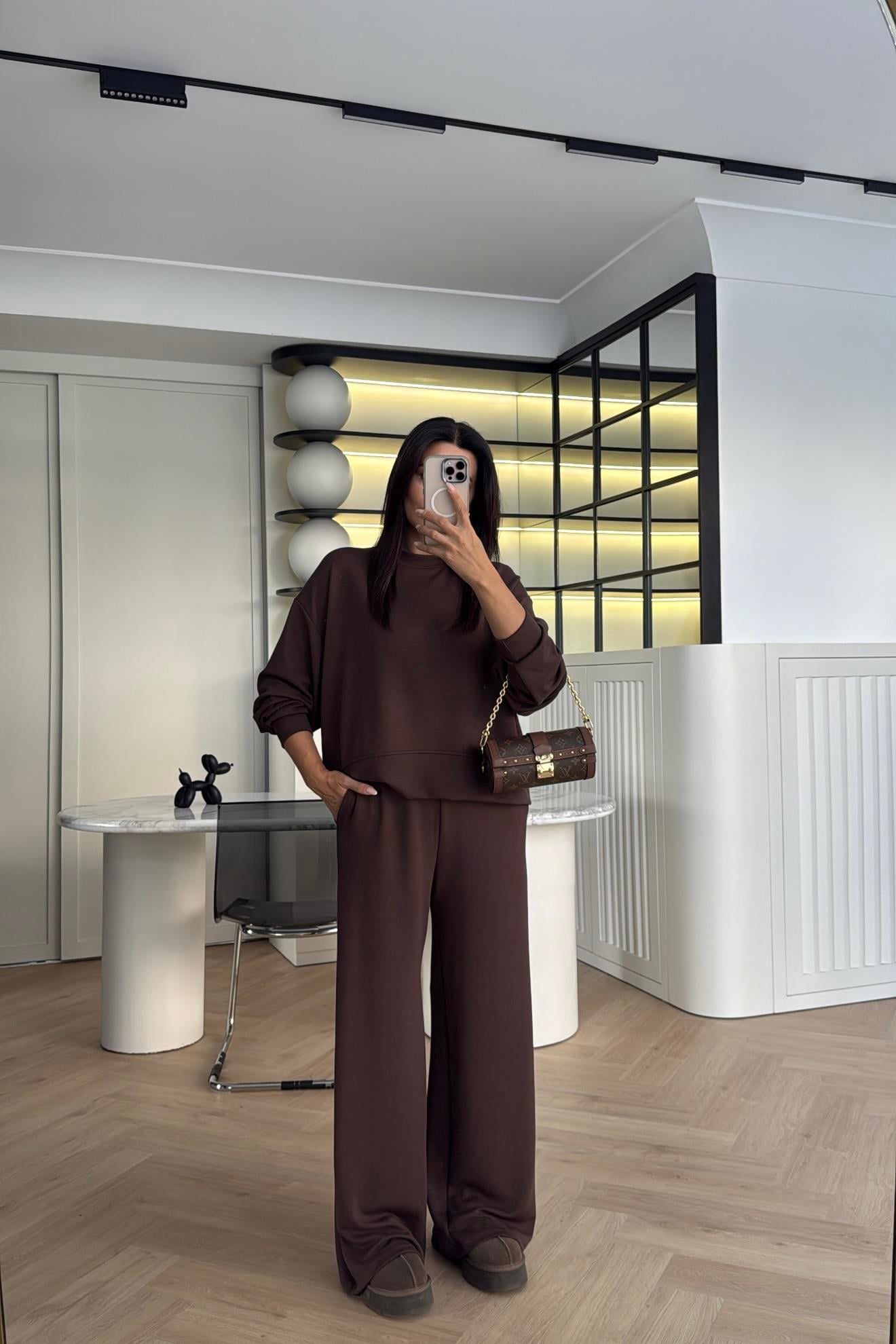 KAHVE MODAL KUMAŞ SWEATSHIRT PANTOLON TAKIM