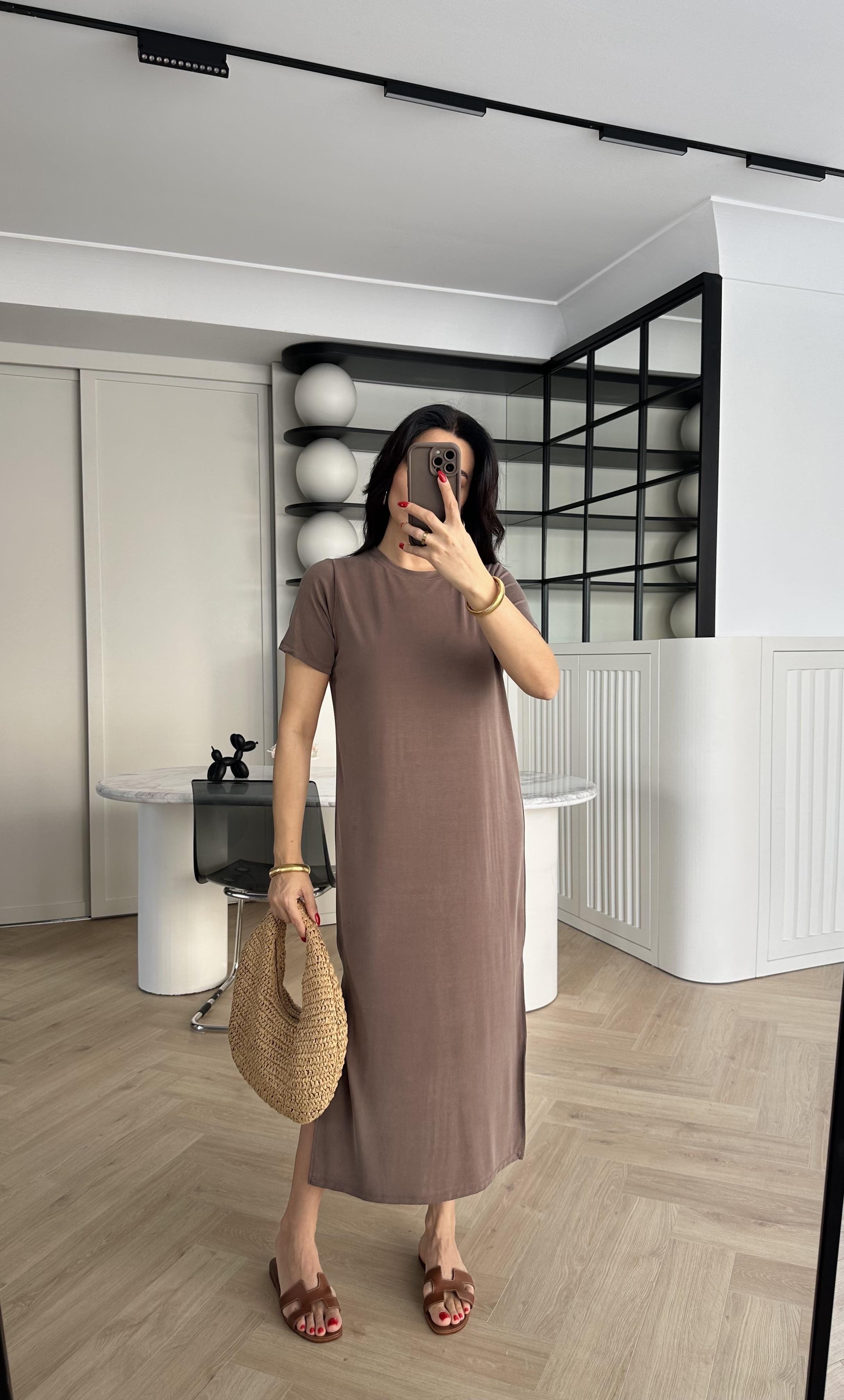 Kahve Modal Kumaş Yırtmaçlı Basic Elbise