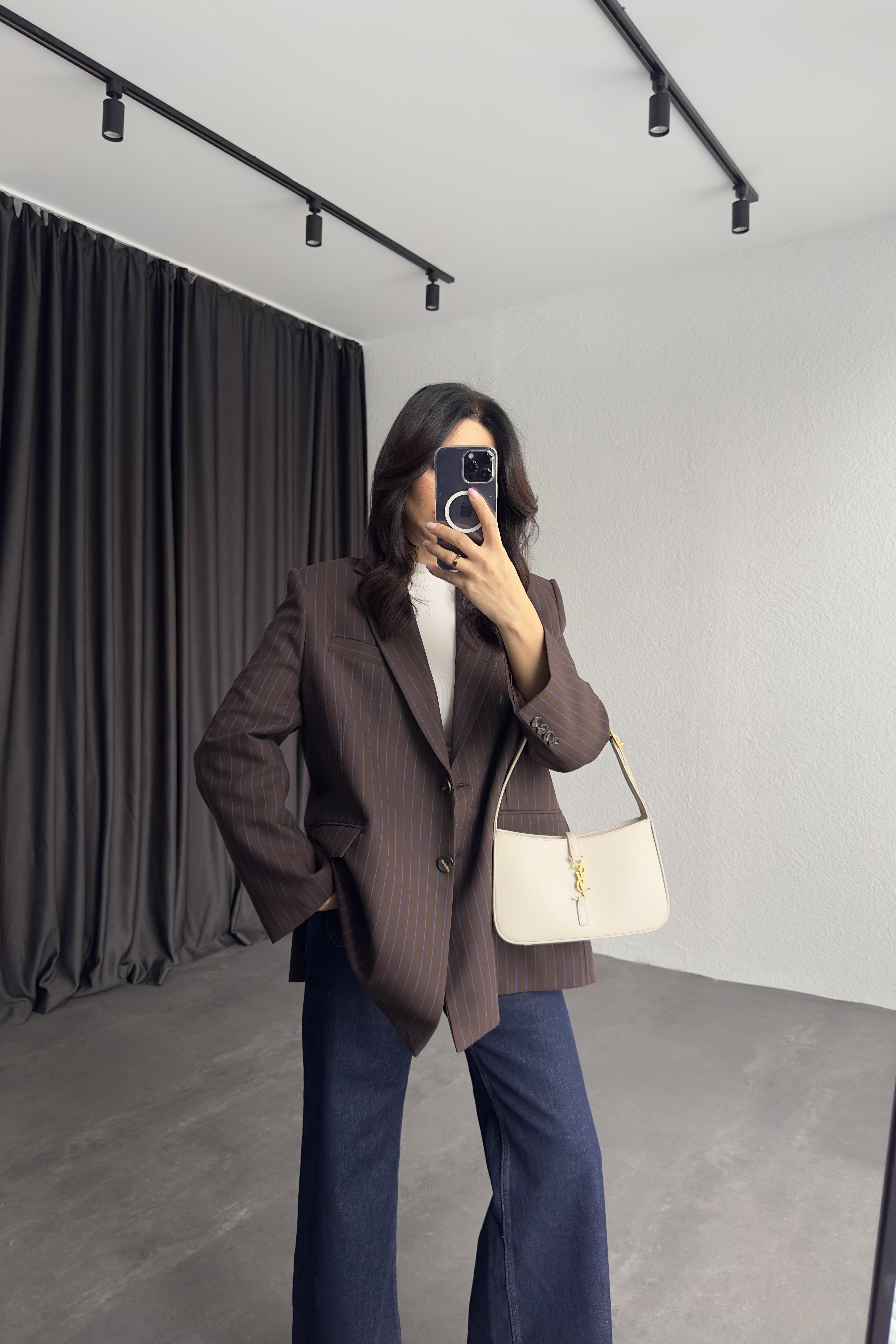 Kahve Renk Çizgili Astarlı Blazer Ceket