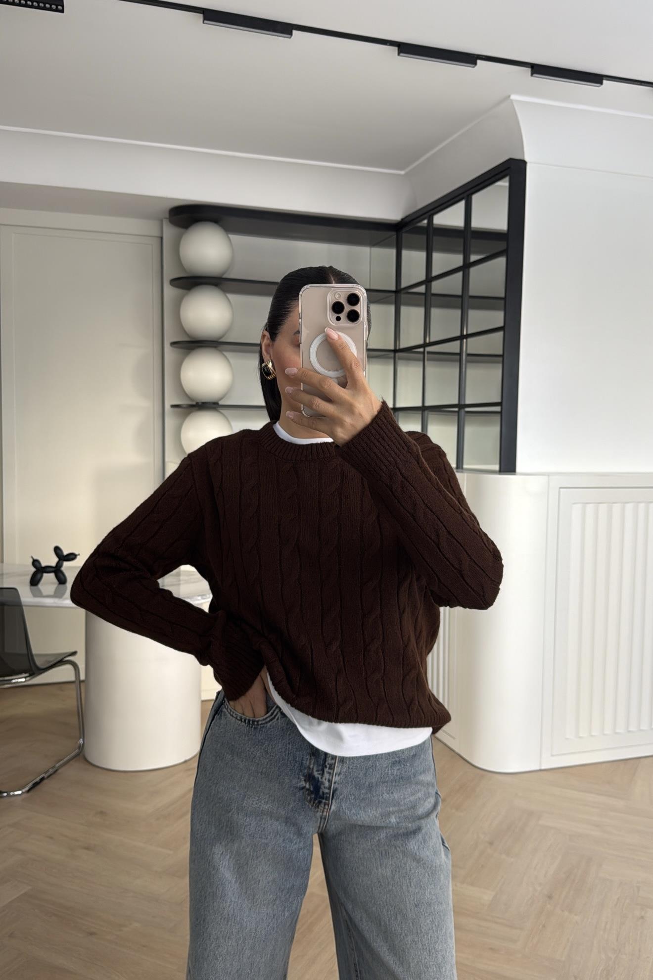 KAHVE SAÇ ÖRGÜ TRİKO KAZAK